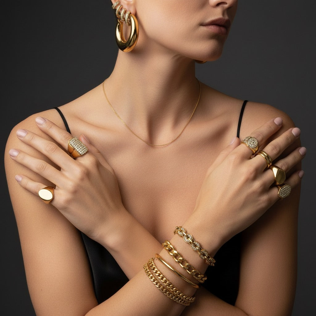 Model wearing fine chain bracelets on both wrists, designed for everyday wear with a modern, refined style
