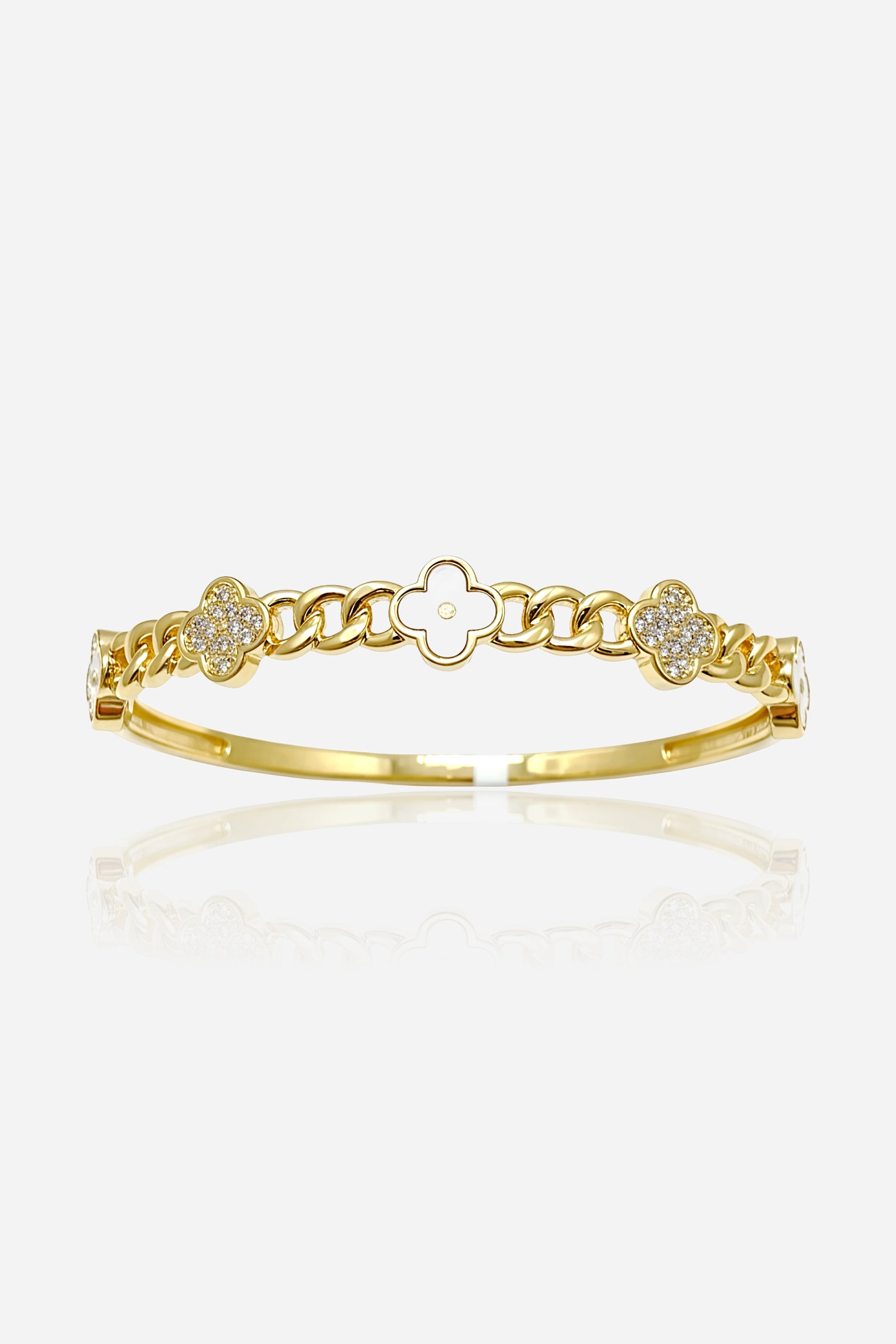 Clover Chain Bangle in gold-tone with enamel and cubic zirconia – front view by GLISTIA