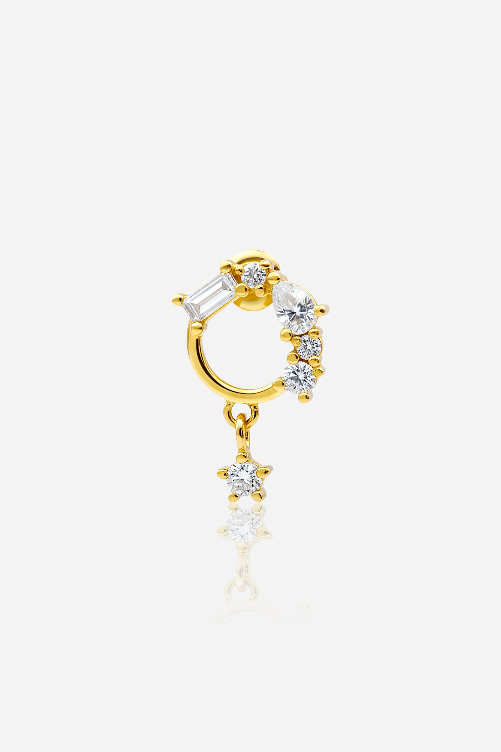 Crystal Baguette Circle Piercing Earring in PVD 18K gold plated stainless steel with baguette and round cubic zirconia - GLISTIA