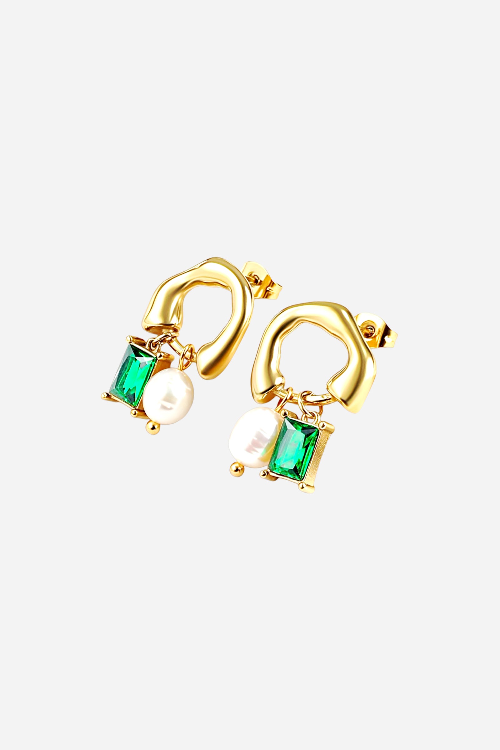 Geometric gold drop earrings featuring irregular hoop design with emerald-green rectangular crystal and pearl accents, crafted from stainless steel with a PVD 18K gold-plated finish – GLISTIA.