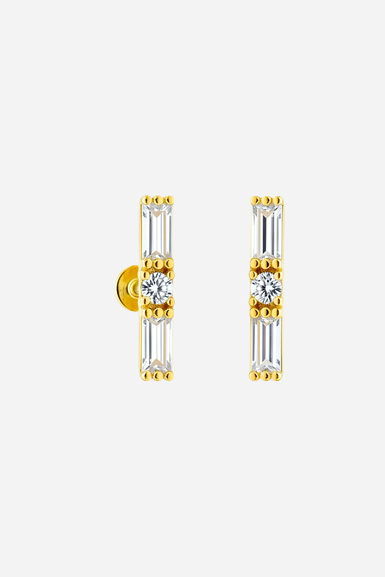 Pair gold crystal baguette piercing earring with secure ball-back closure- GLISTIA