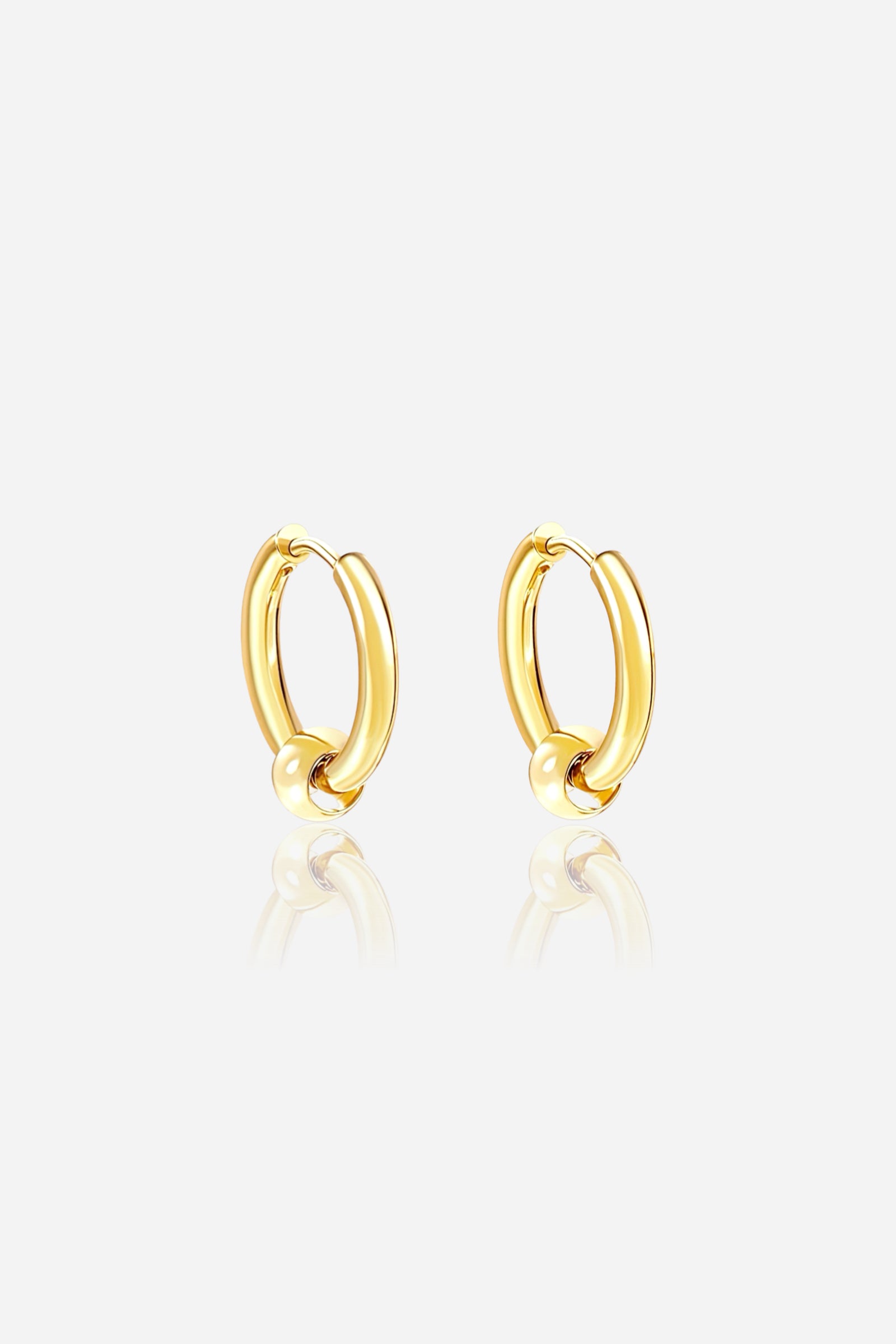 Front view of gold bead hoop earrings in 18K gold plated stainless steel featuring a smooth round bead accent and polished finish – GLISTIA jewellery