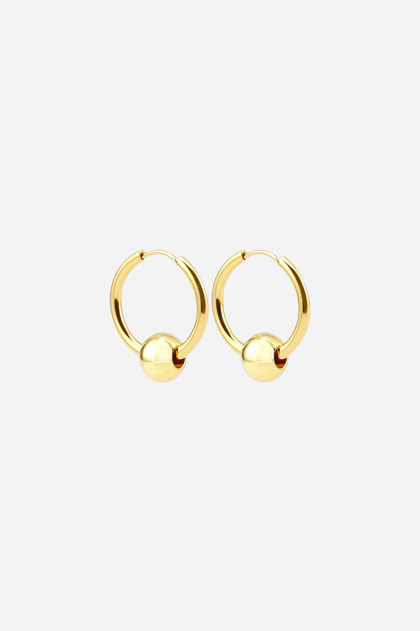 Side view of gold bead hoop earrings crafted from 18K gold plated stainless steel featuring a single polished bead accent – GLISTIA jewellery