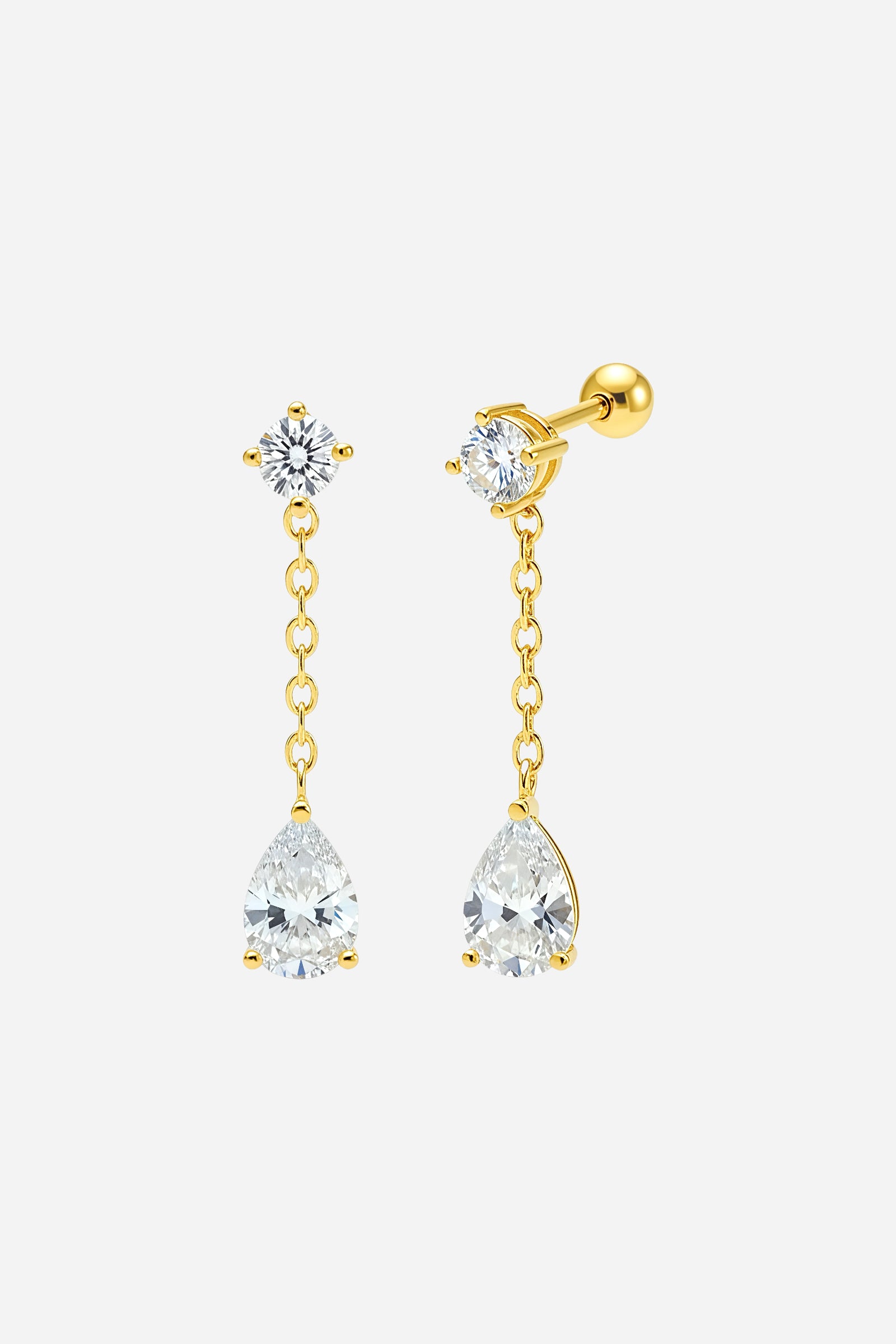 Gold PVD stud earrings featuring round crystal studs and teardrop dangle crystals - GLISTIA