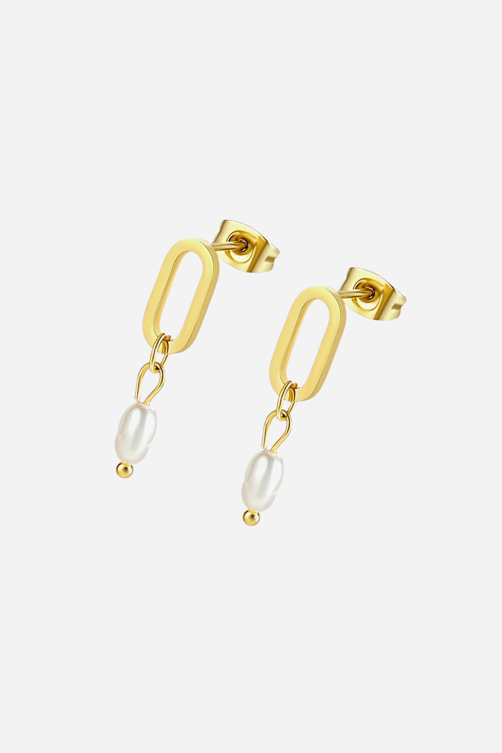 Angled view of gold link pearl drop stud earrings made from PVD 18K gold plated stainless steel, featuring minimalist rectangular links with elegant white pearl drops – GLISTIA.