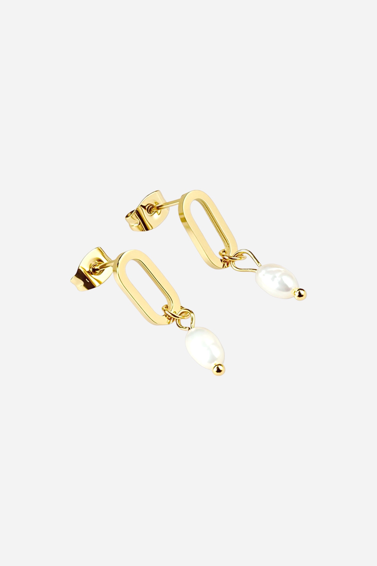 Side angle view of gold link pearl drop stud earrings crafted from PVD 18K gold plated stainless steel, featuring modern rectangular links with dainty white pearl drops – GLISTIA.