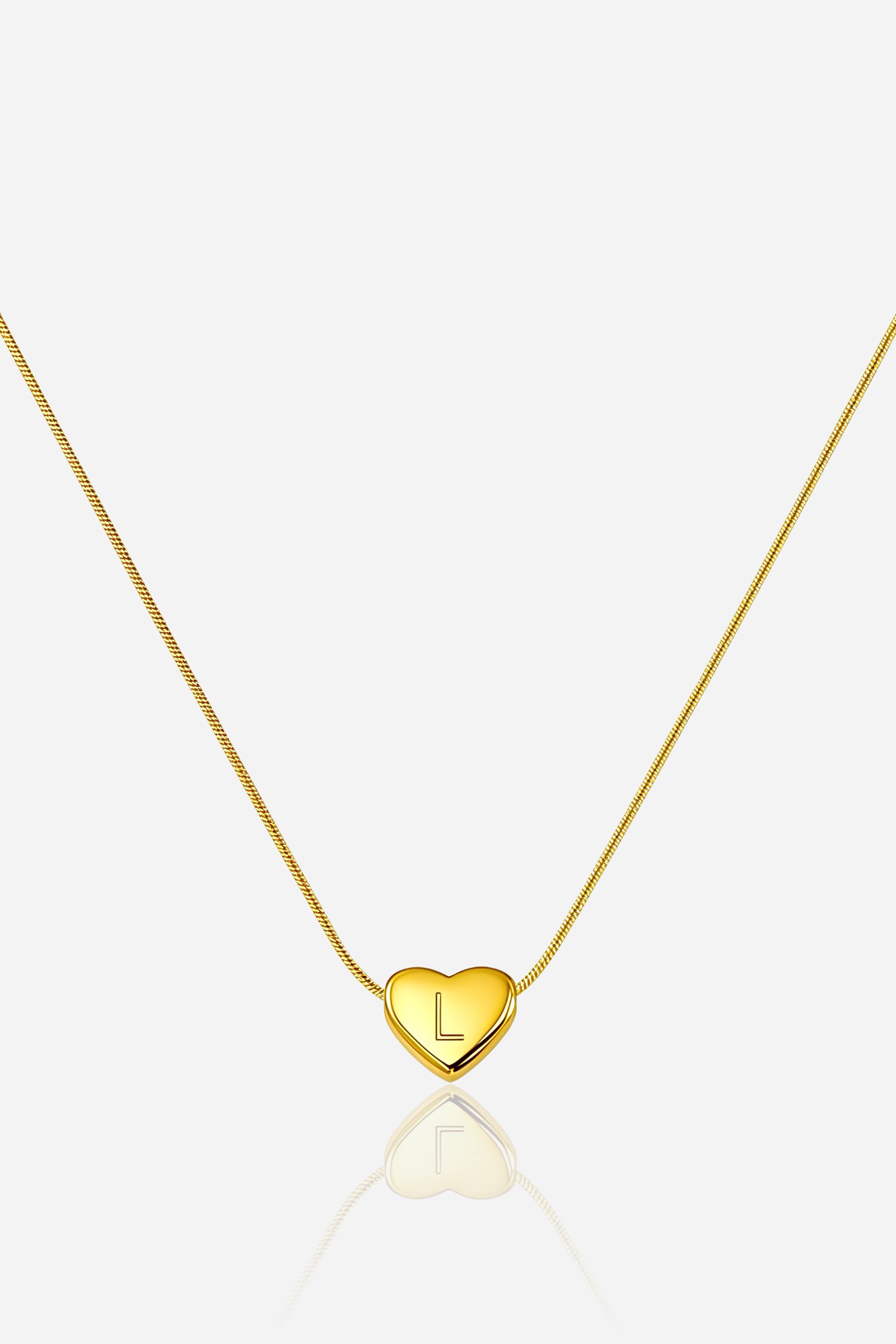 Gold-plated heart initial ‘L’ necklace with engraved pendant on a snake chain, PVD 18K gold plated stainless steel – GLISTIA