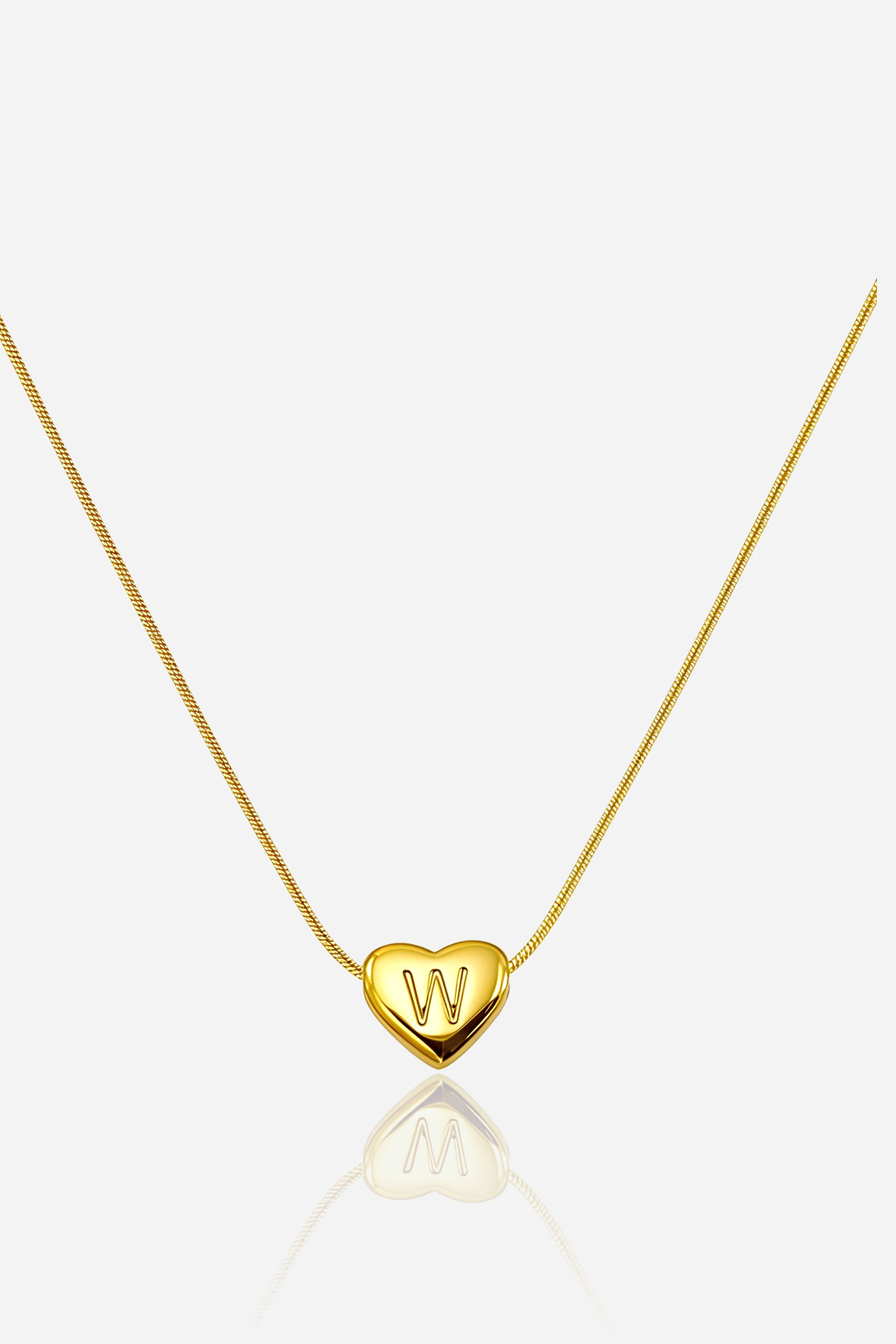 Gold-plated heart initial ‘W’ necklace with engraved pendant on a snake chain, PVD 18K gold plated stainless steel – GLISTIA