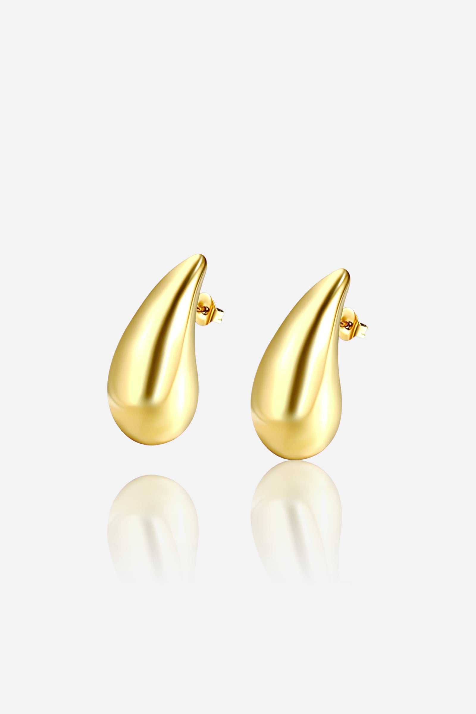 Front view of gold teardrop stud earrings crafted from stainless steel with a smooth PVD 18K gold plated finish, featuring a modern droplet silhouette and mirror-polished surface – GLISTIA