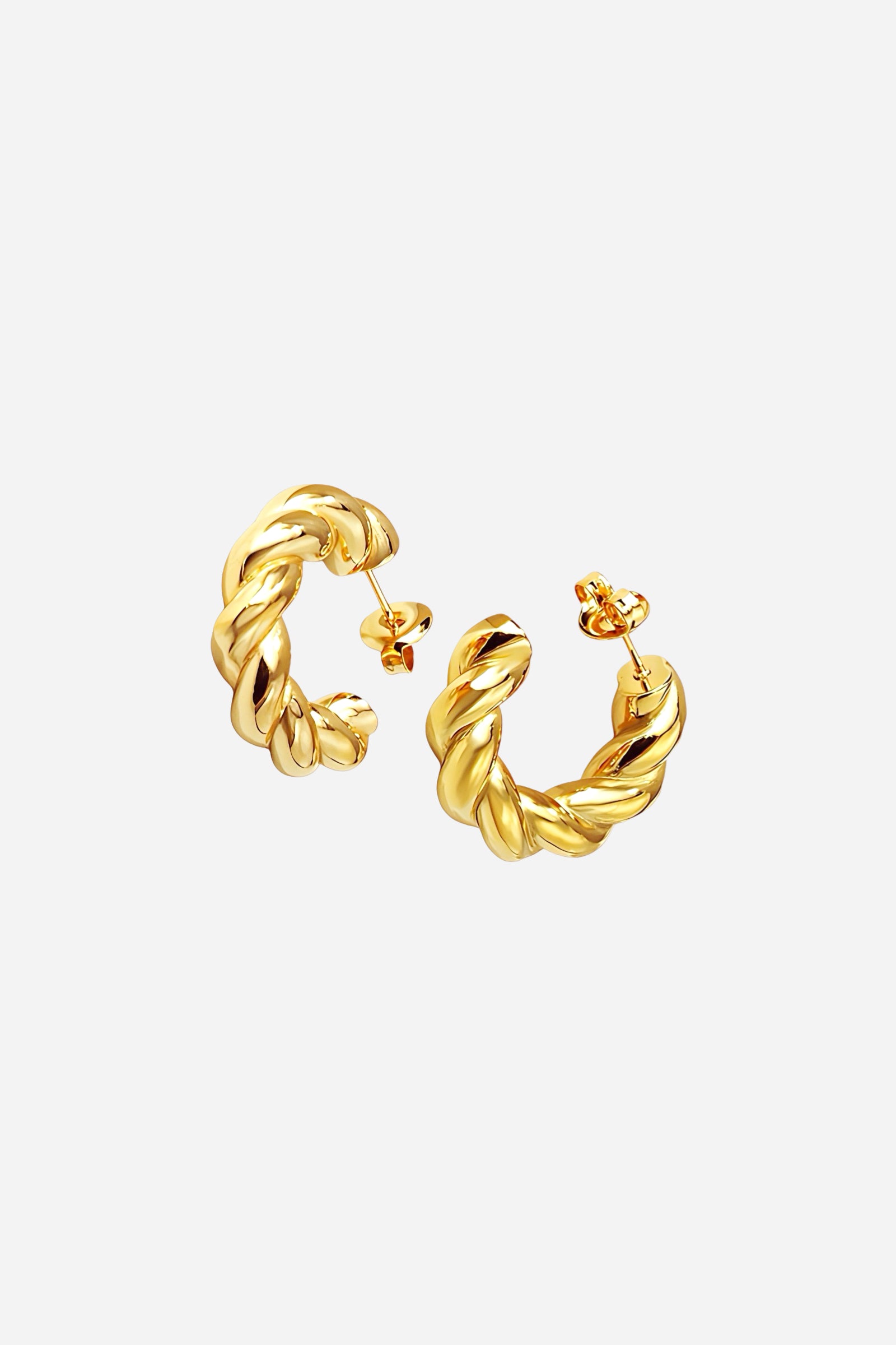 Top view of gold twisted rope C-hoop earrings in PVD 18K gold plated stainless steel – elegant, sculpted hoop design by GLISTIA