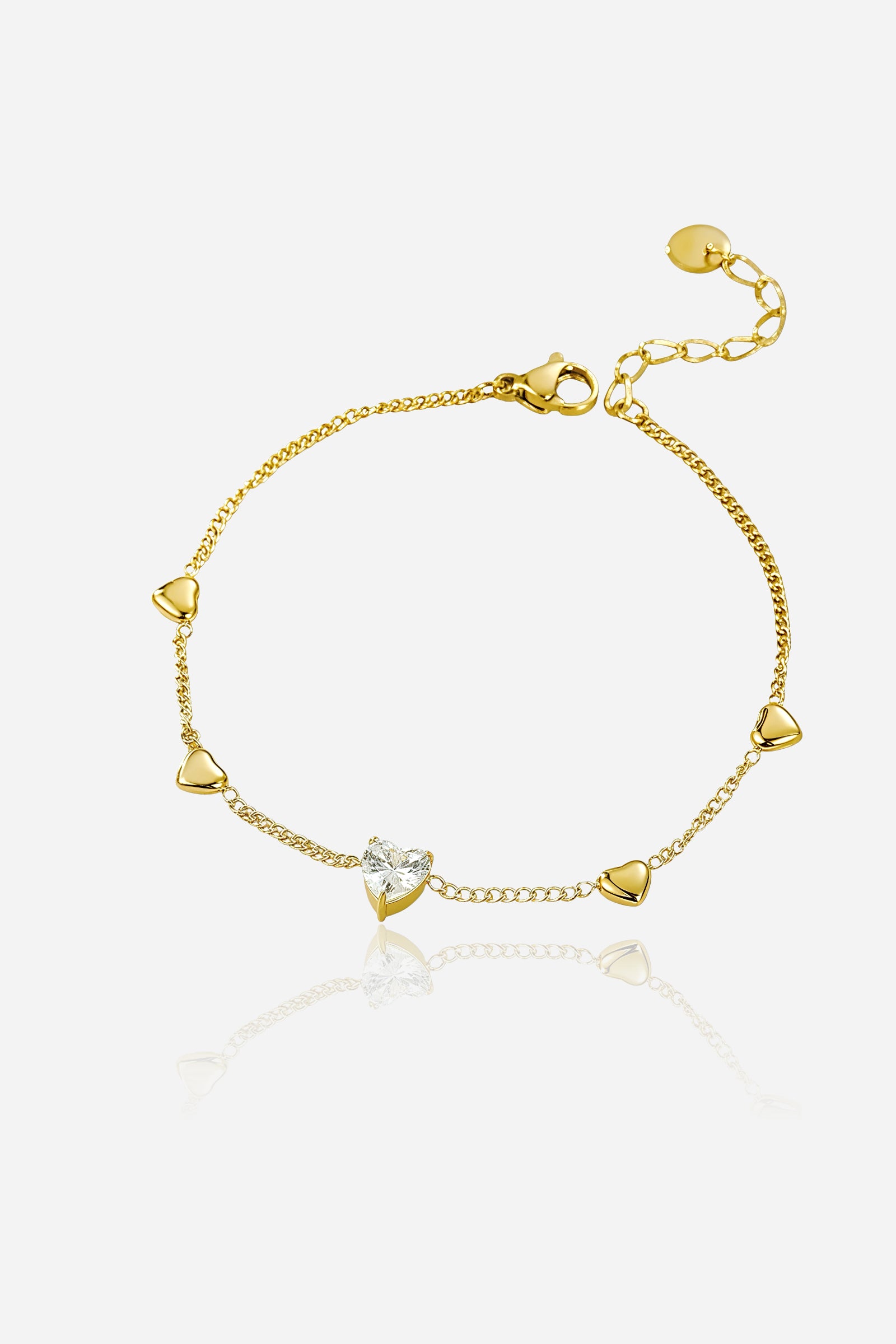 Side-angle view of the GLISTIA golden heart bracelet highlighting the polished chain and delicate heart accents.