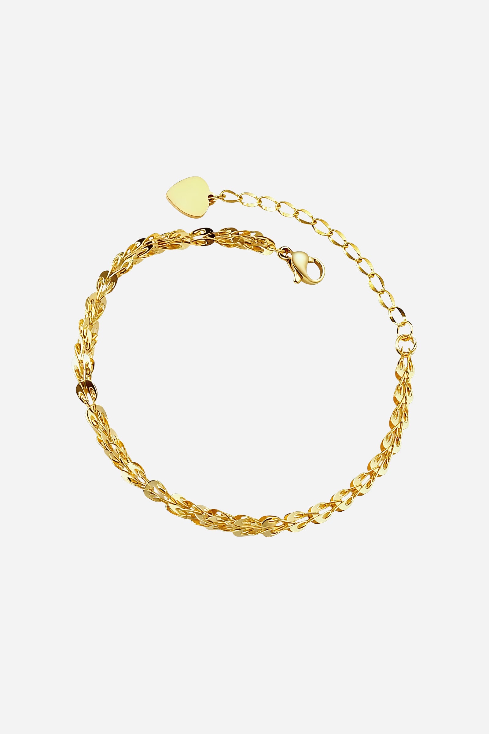 Top-view of GLISTIA’s leaf-link gold bracelet featuring delicate linked leaves and a polished charm accent.