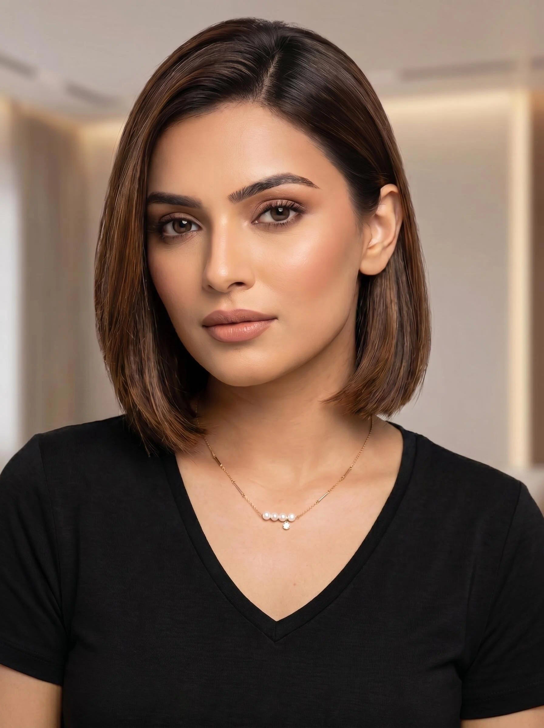 Gold pearl bar necklace with polished white pearl accents and a small hanging crystal detail, styled for elegant everyday wear.