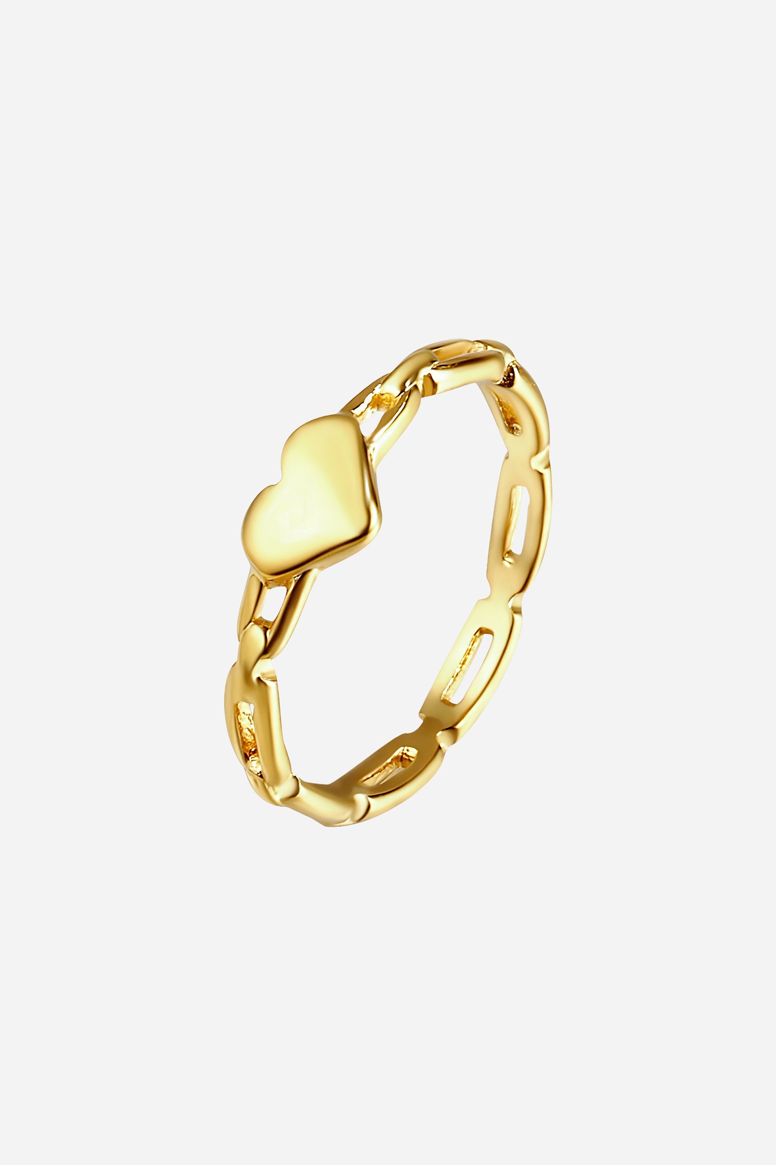 Top-view of GLISTIA gold chain ring featuring open-link details and a smooth heart accent.