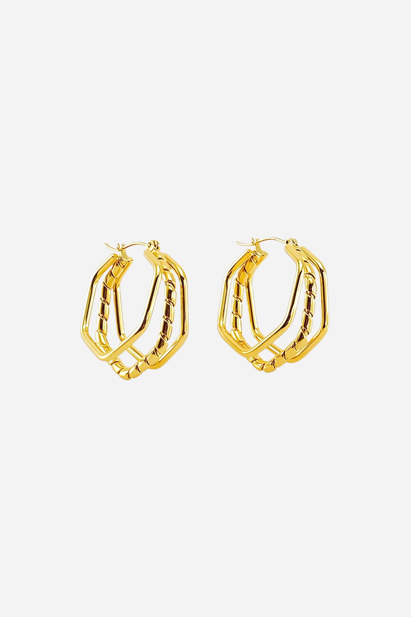 Side-View-hexagon double-layer hoop earrings crafted in stainless steel with a polished 18K gold plated finish, featuring intersecting geometric design – GLISTIA