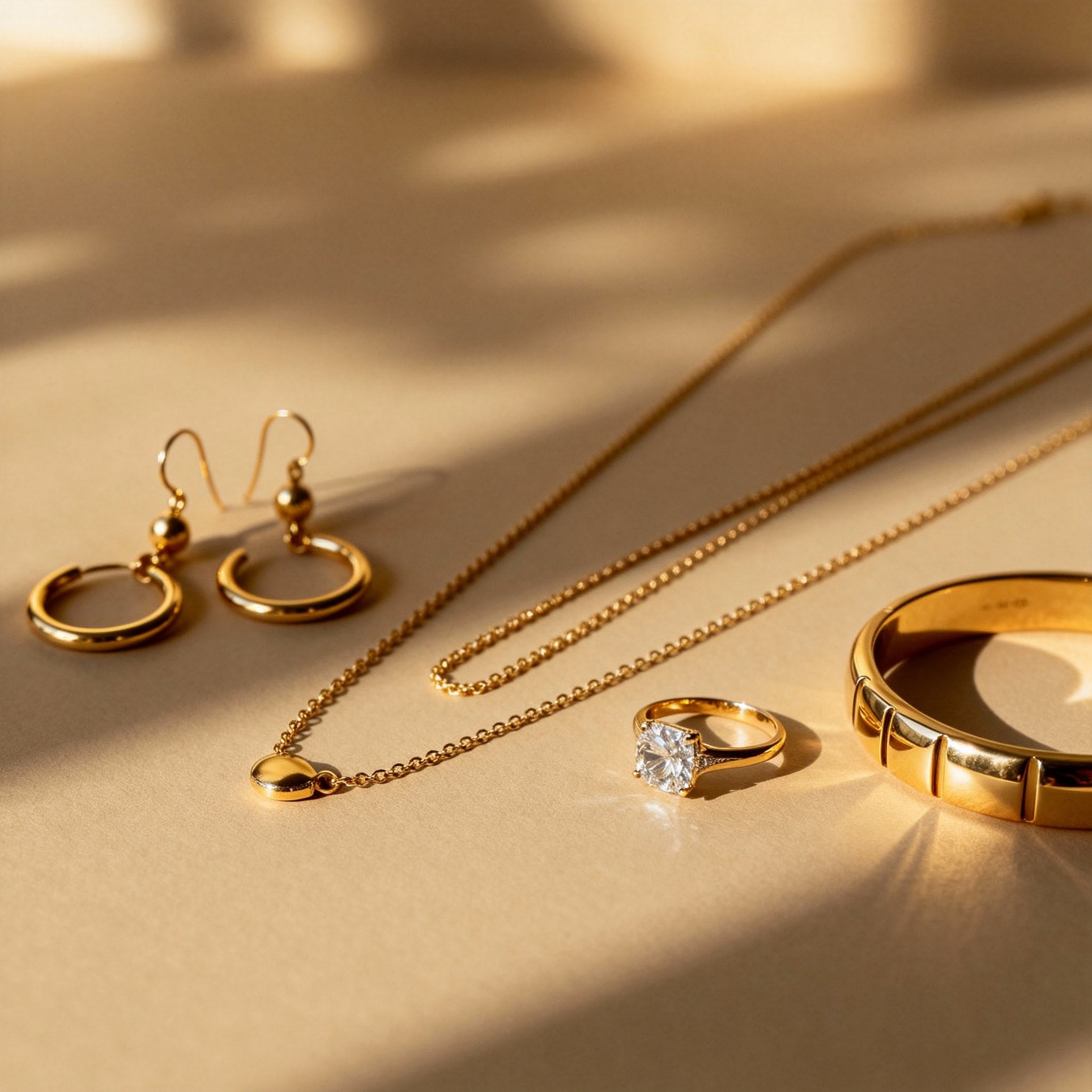 GLISTIA 18K PVD gold-plated stainless-steel earrings, necklace, ring and bangle displayed on a beige background.