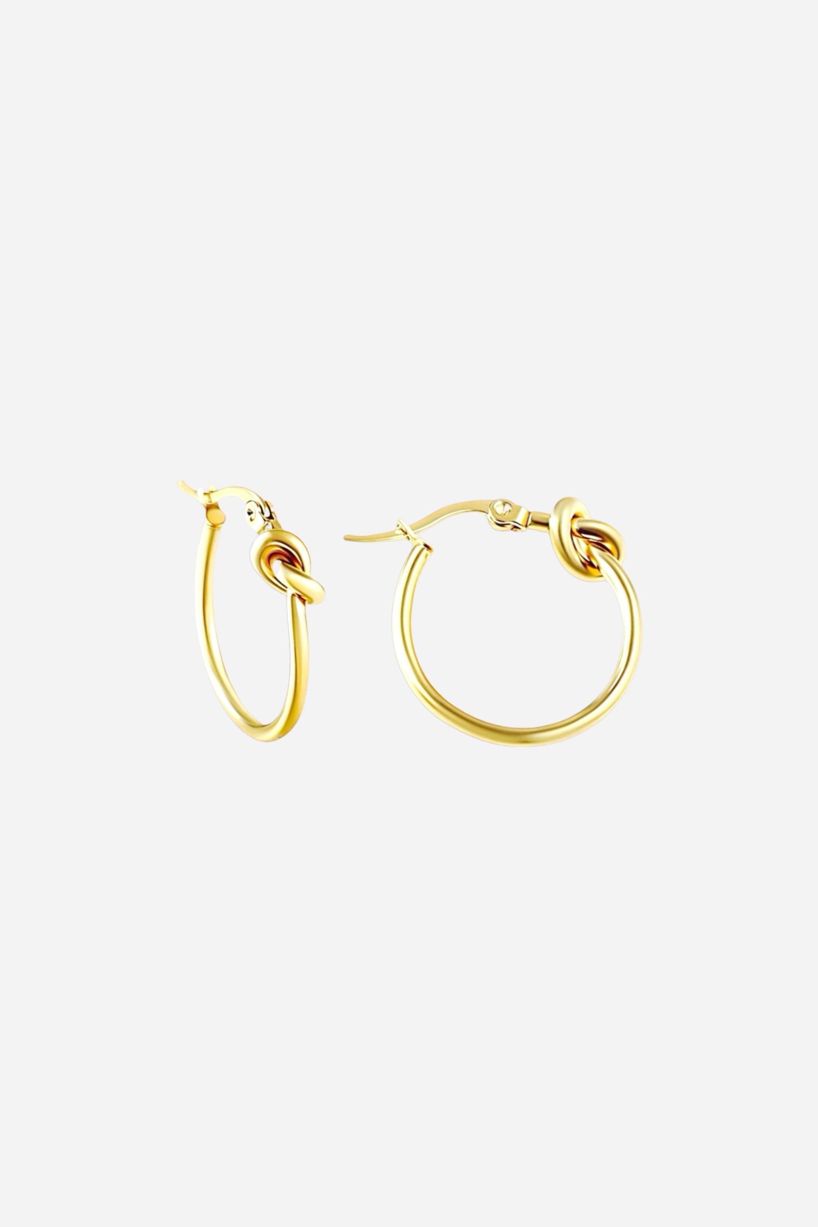 Top view of knot hoop earrings in 18K gold plated stainless steel with polished finish and minimalist knot design – GLISTIA jewellery