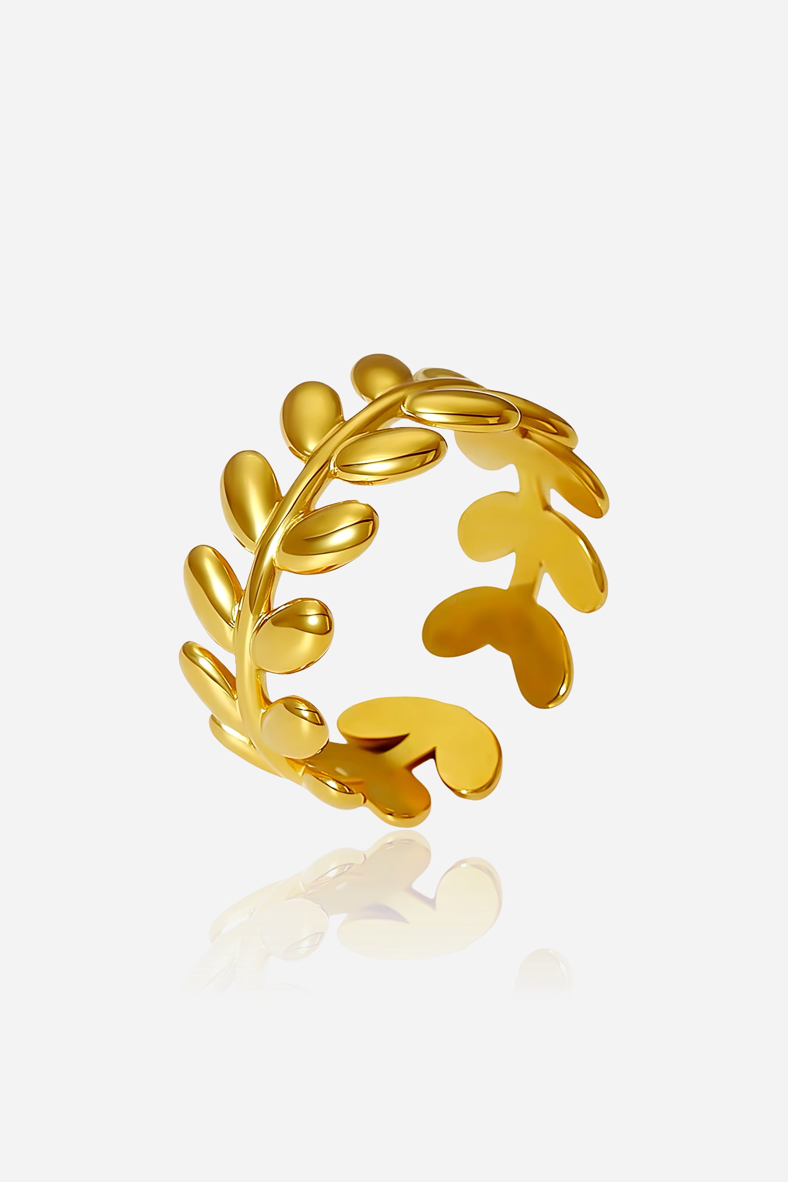GLISTIA Leaf Adjustable Ring front view in PVD 18K gold plated stainless steel with polished leaf motifs.