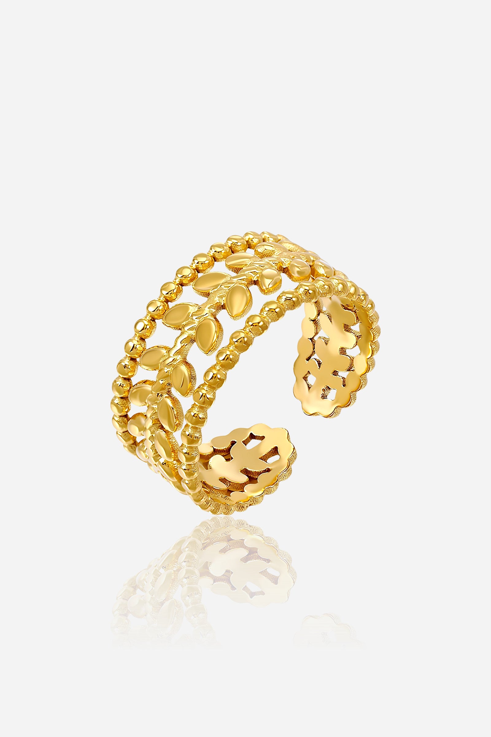 GLISTIA Leaf Bead Adjustable Ring front view in PVD 18K gold plated stainless steel with dual-row beaded leaf design.