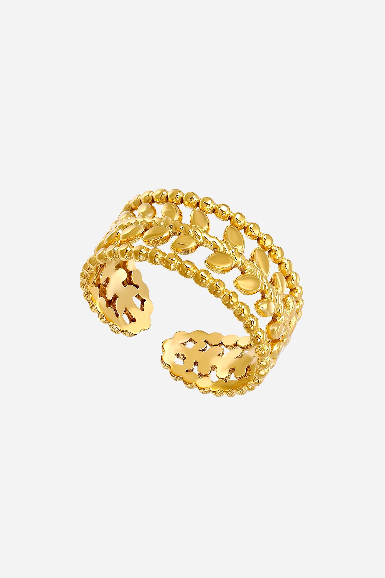 Side-angle image of GLISTIA Leaf Bead Adjustable Ring showcasing the intricate leaf motifs and double-row beaded structure.