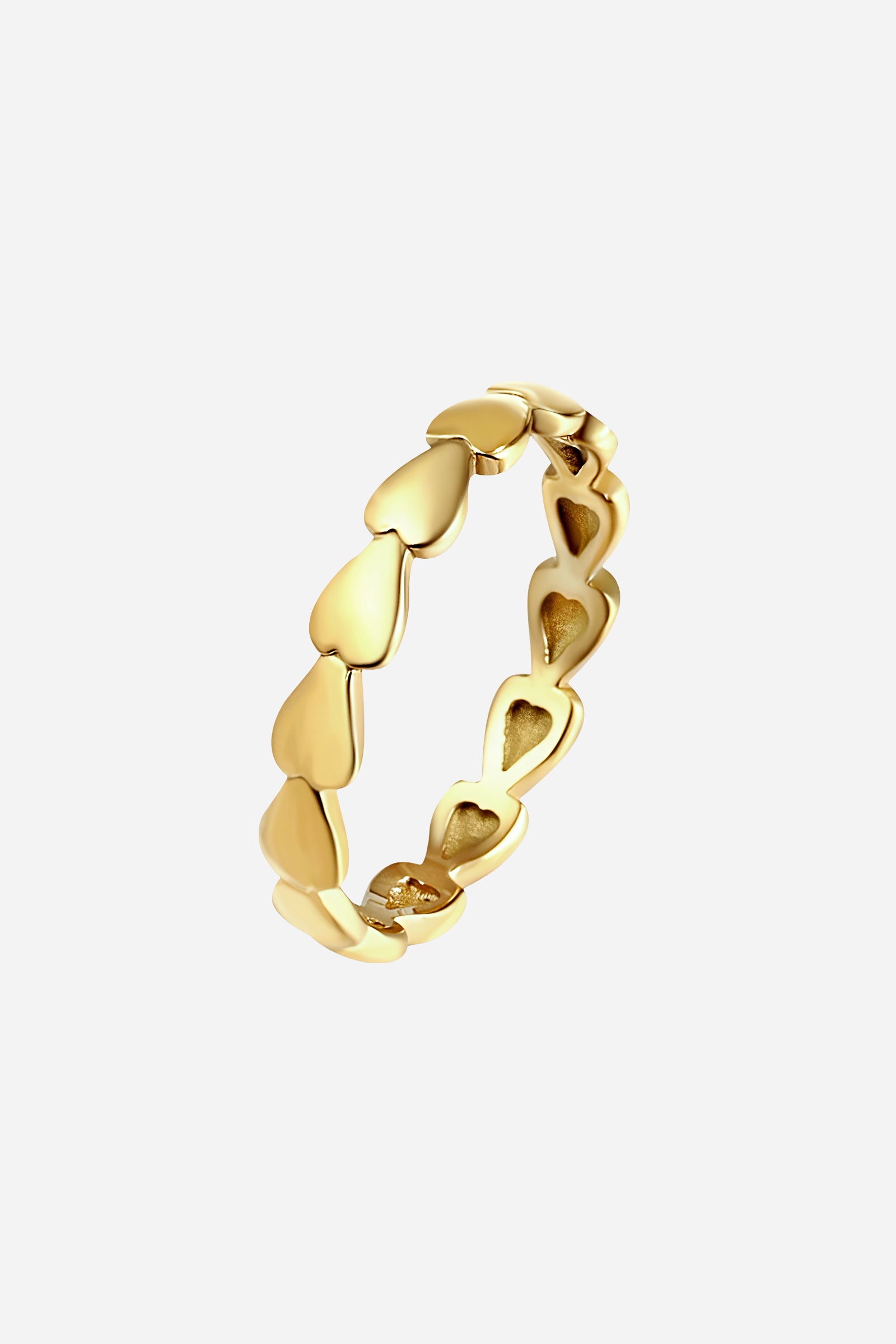 Side-angle image of GLISTIA Linked Heart Band Ring showcasing the dimensional heart-shaped links.