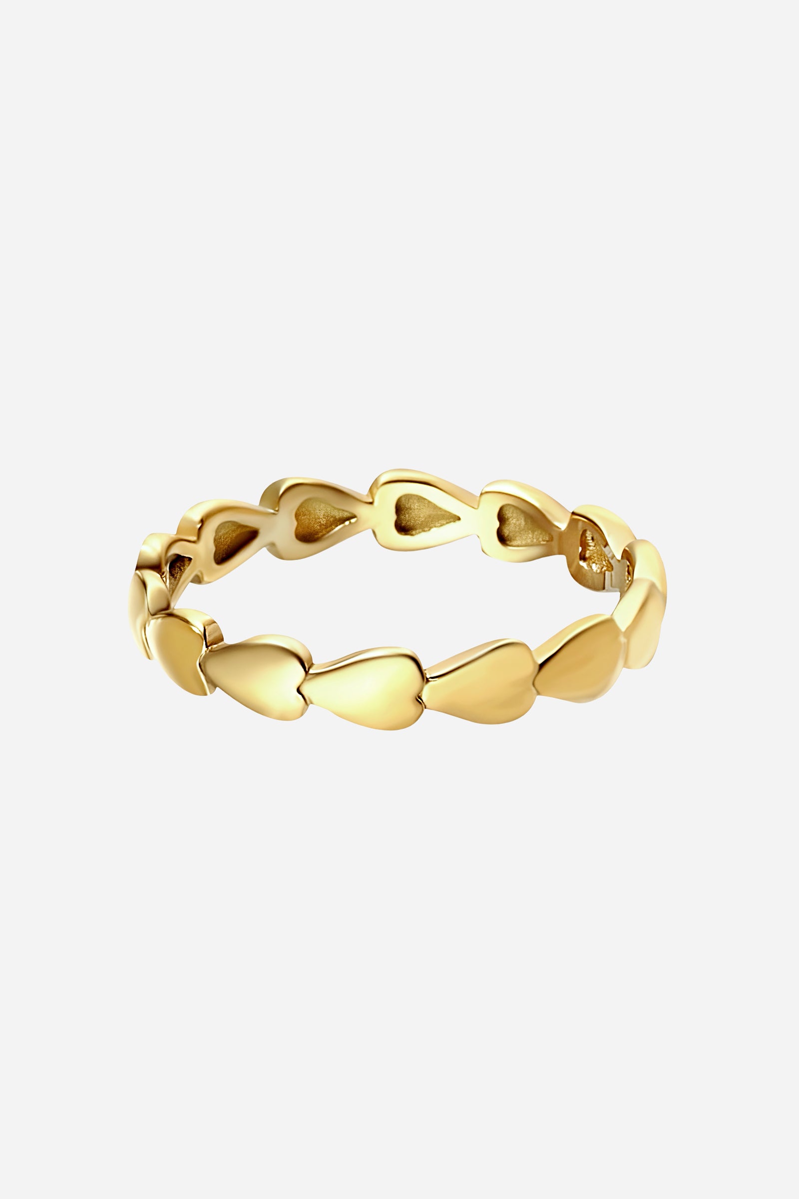 Top-view of GLISTIA gold linked heart ring featuring a smooth continuous heart pattern.