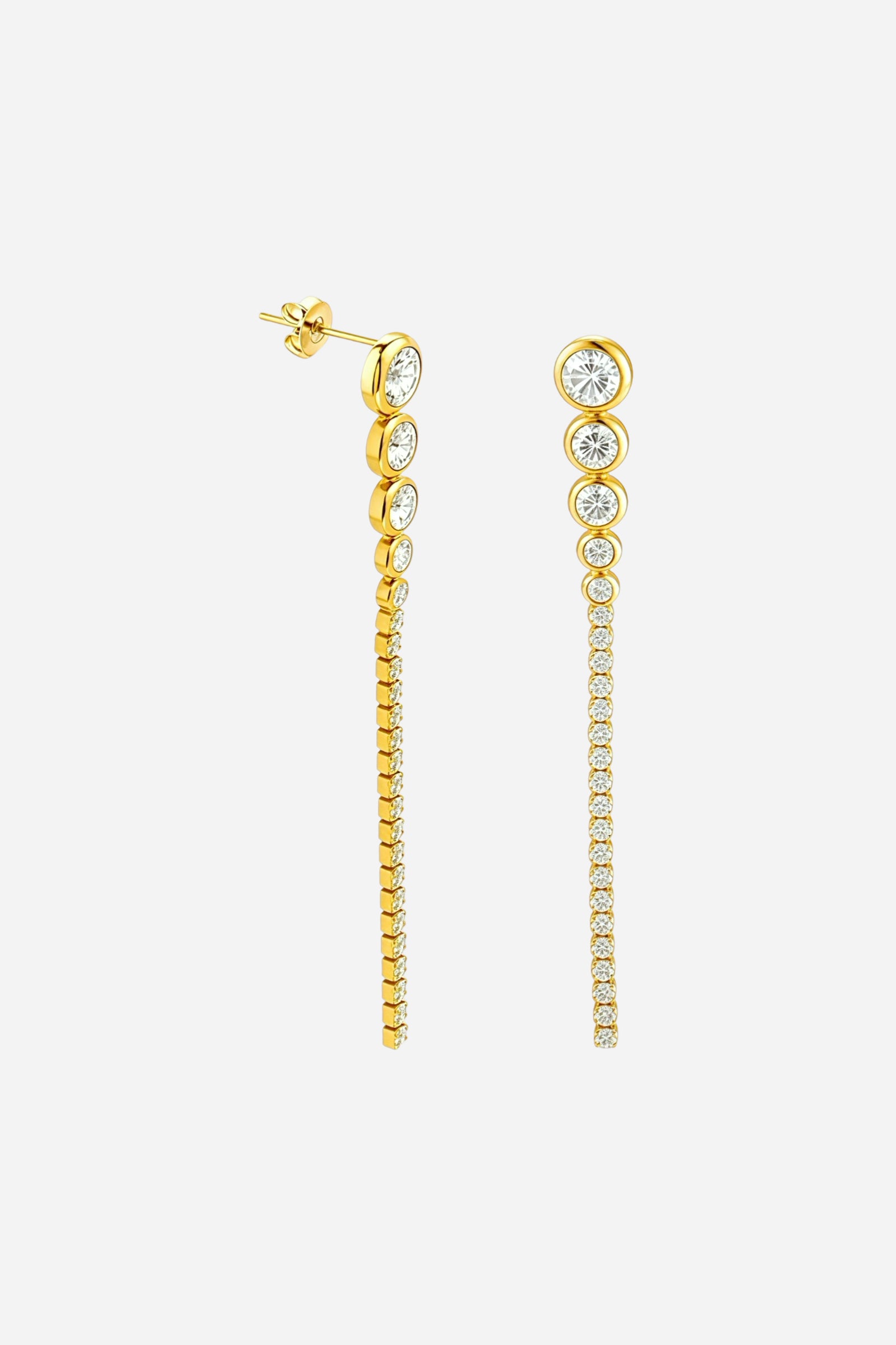 Side view of long crystal drop earrings crafted from stainless steel with PVD 18K gold plating, featuring a tapered row of bezel-set cubic zirconia stones in a sleek, elegant design – GLISTIA