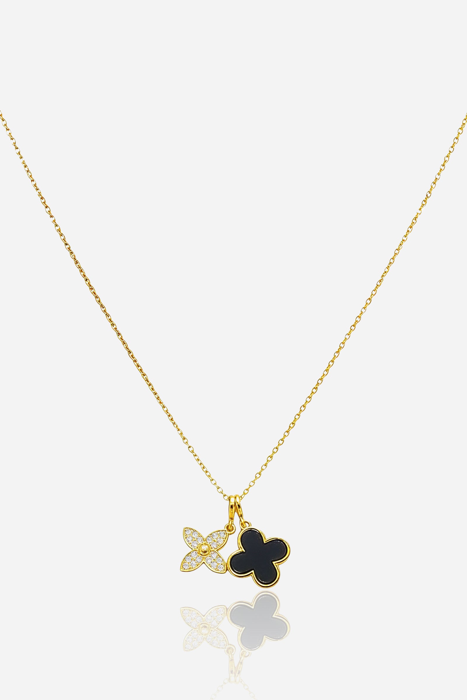 Zoom view image of GLISTIA dual clover pendant necklace in 18K gold plating.