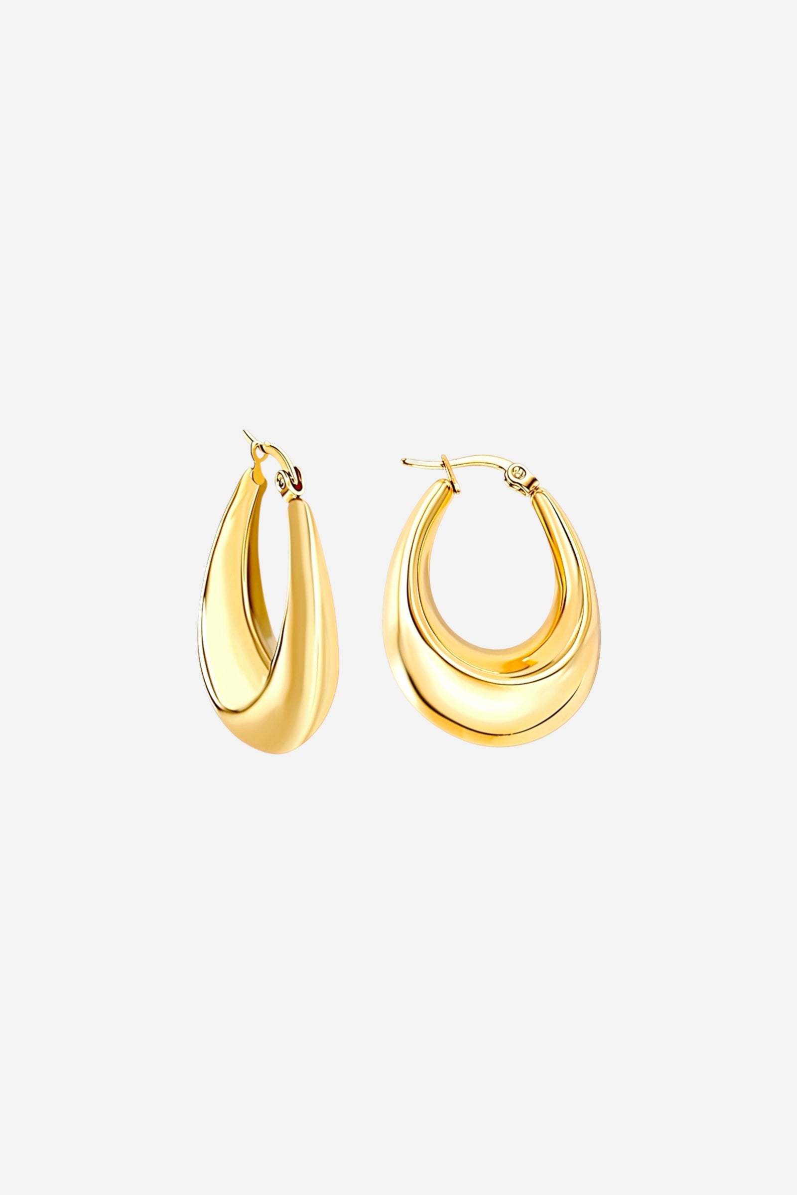 Side-by-side view of mini teardrop chunky hoop earrings crafted from stainless steel with a lustrous PVD 18K gold plated finish, featuring a smooth curved drop shape and mirror-like polish – GLISTIA.