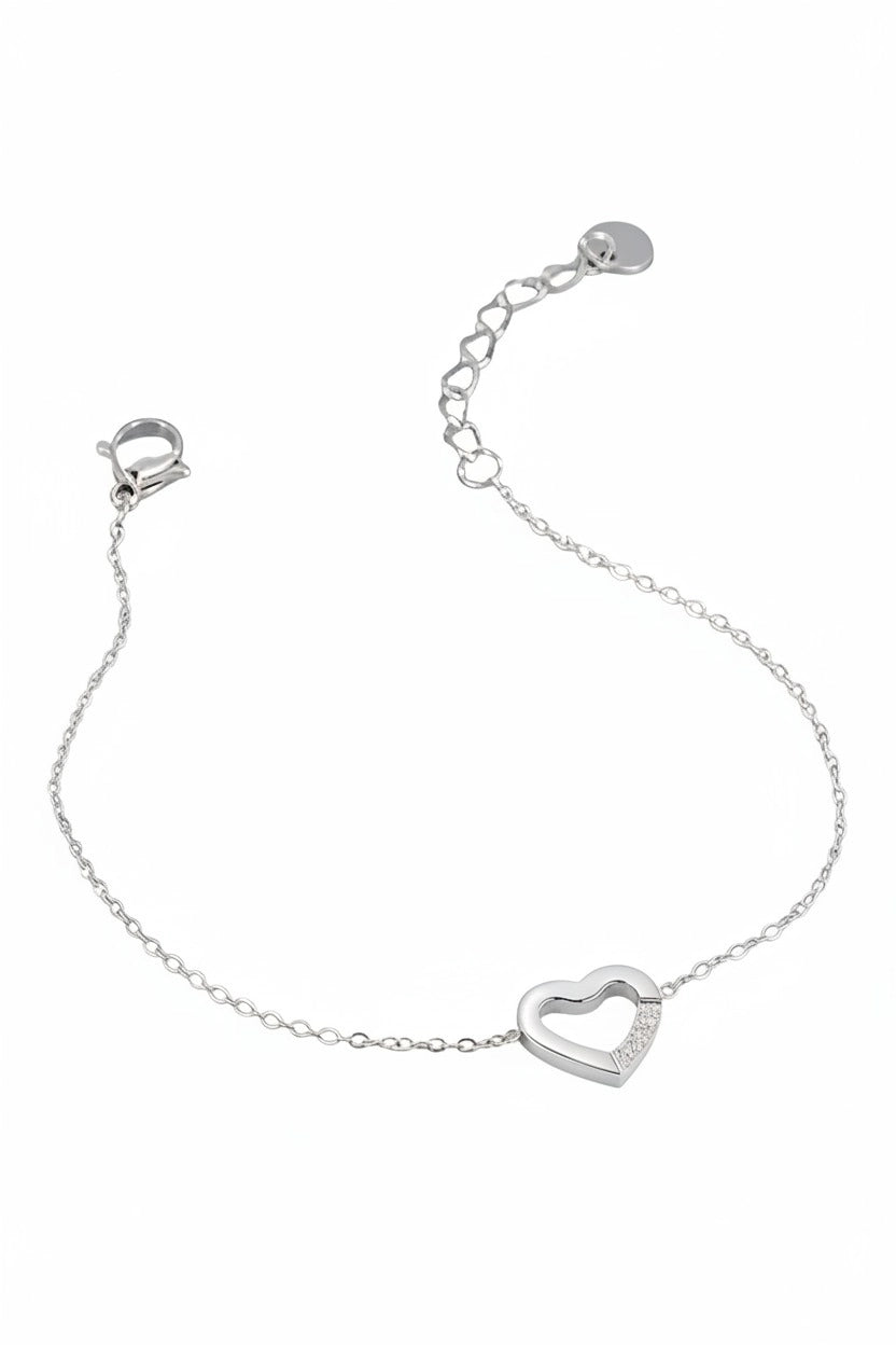 Silver stainless steel bracelet with elegant open heart centre detail and fine minimalist chain