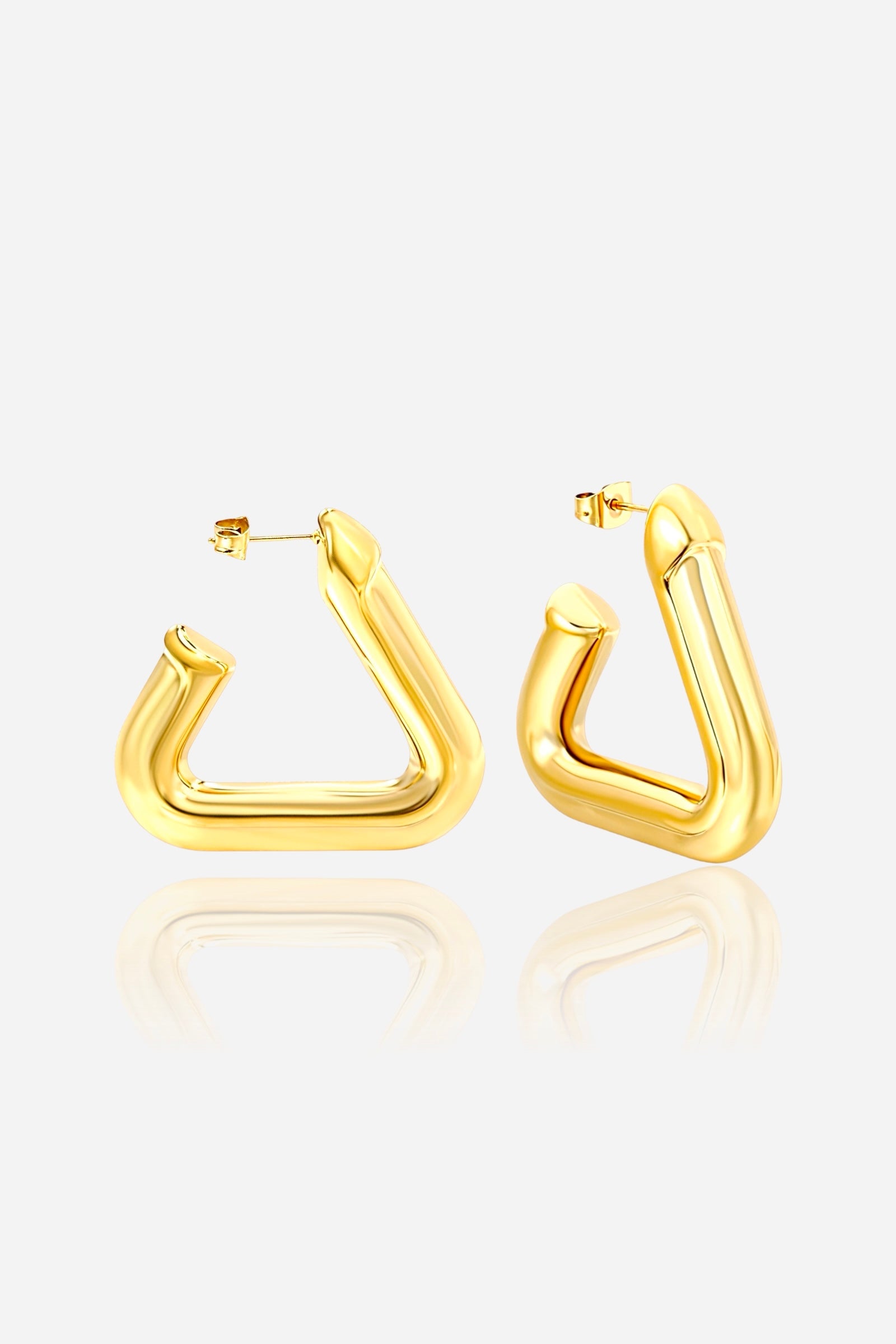 Modern geometric triangle hoop earrings made from stainless steel with a mirror-polished PVD 18K gold plating, featuring a bold sculptural design with a smooth reflective finish – GLISTIA.