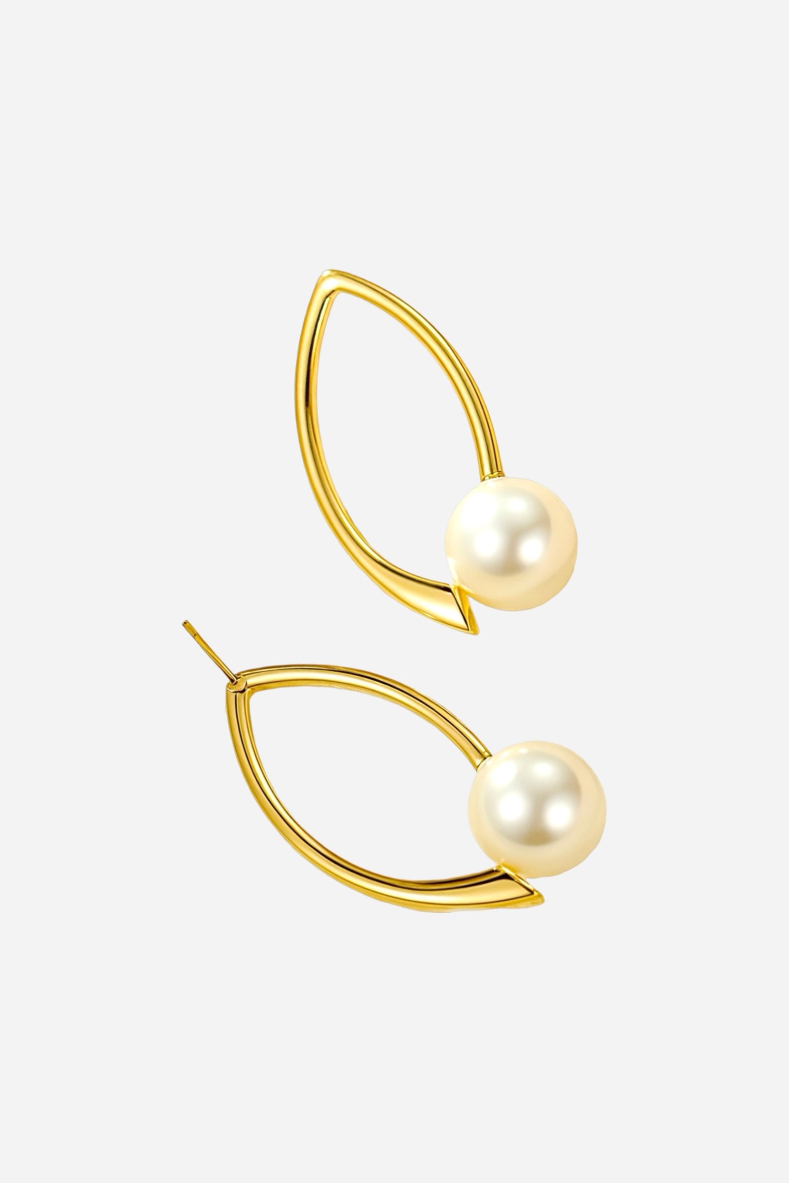Angled view of modern pearl marquise earrings crafted from stainless steel with a lustrous PVD 18K gold plated finish, showcasing an open marquise frame and elegant pearl detail – GLISTIA.