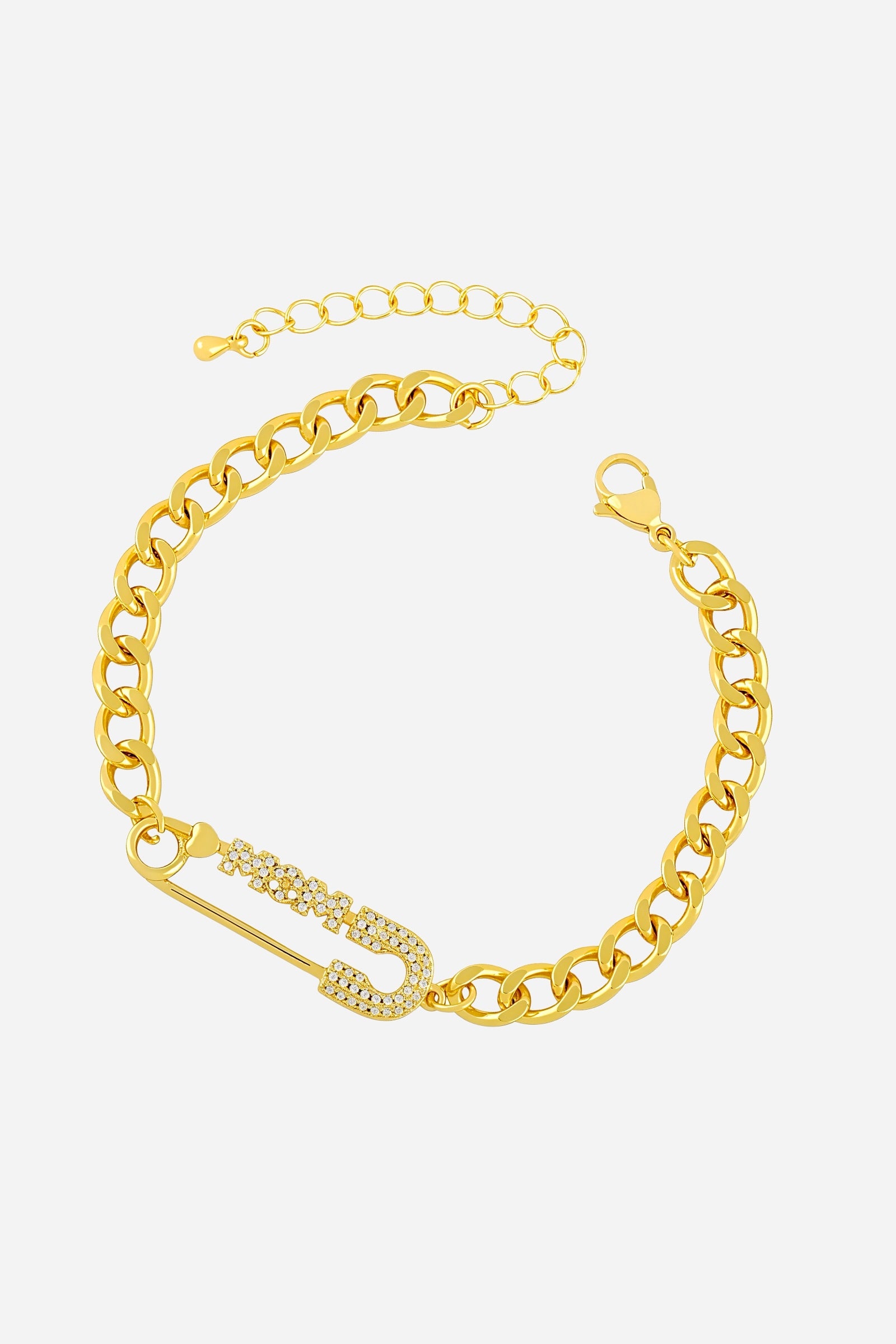 Top-view of GLISTIA’s bold Cuban link bracelet featuring a sparkling pavé crystal MOM charm.