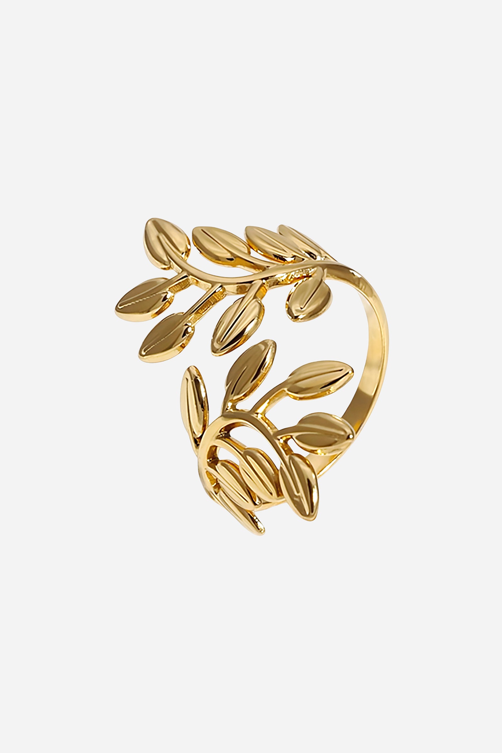 Top-view of GLISTIA gold olive leaf ring featuring an elegant open-band botanical pattern.