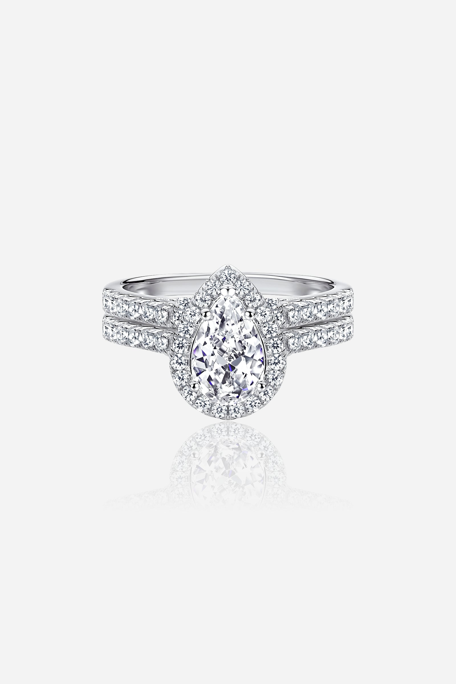 GLISTIA Pear-Cut Zircon Double Band Ring Set front view in 925 sterling silver with rhodium coating and halo pear-cut centre stone.