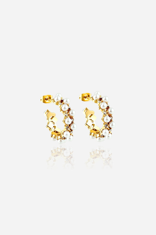 Pearl and Crystal Hoop Earrings in 18K PVD gold plated stainless steel