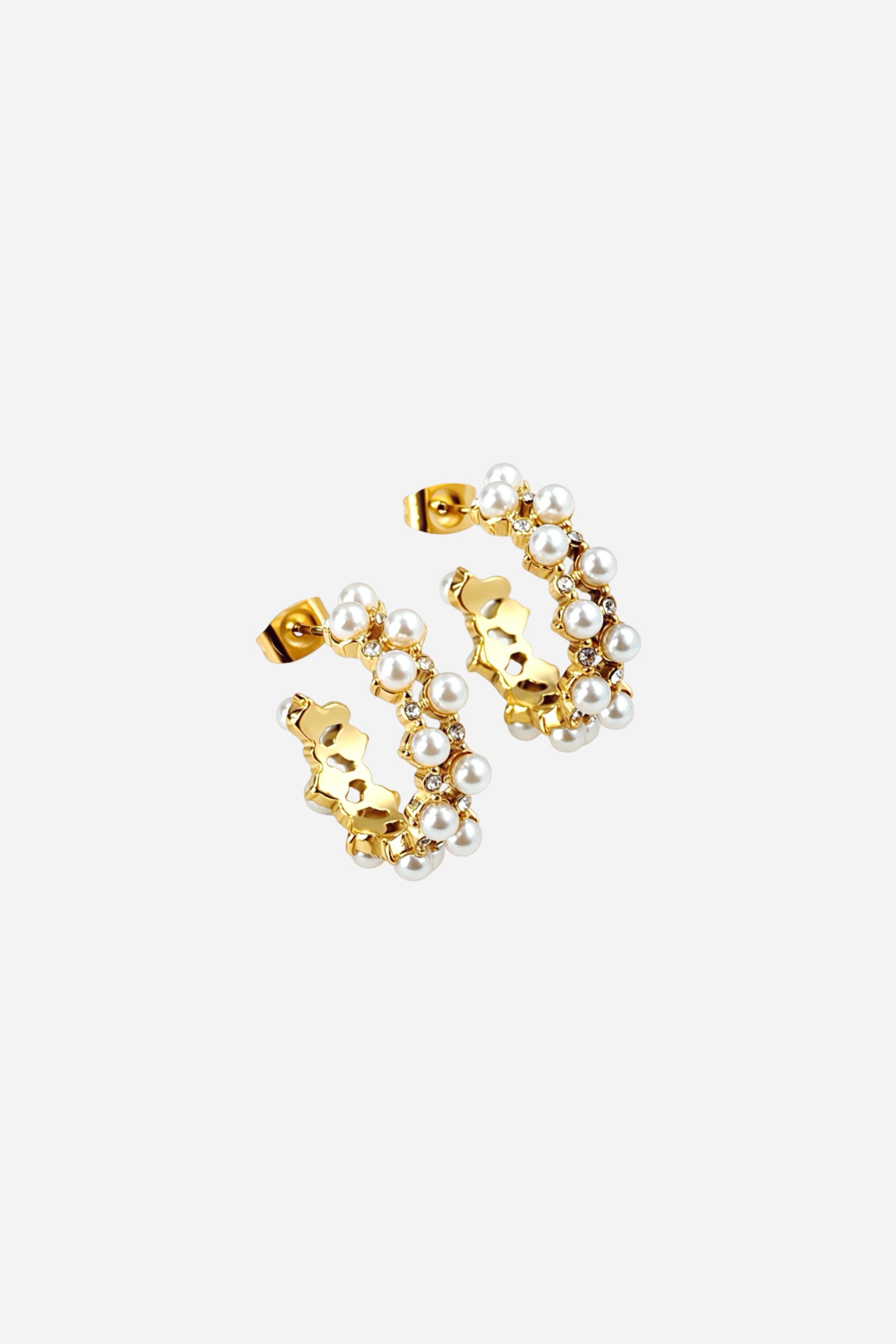 Top view of pearl and crystal hoop earrings in PVD 18K gold plated stainless steel with cubic zirconia accents – elegant statement design by GLISTIA