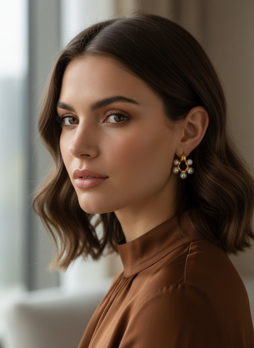 Pearl earrings in 18K PVD gold plated stainless steel styled on a modern woman for everyday luxury.