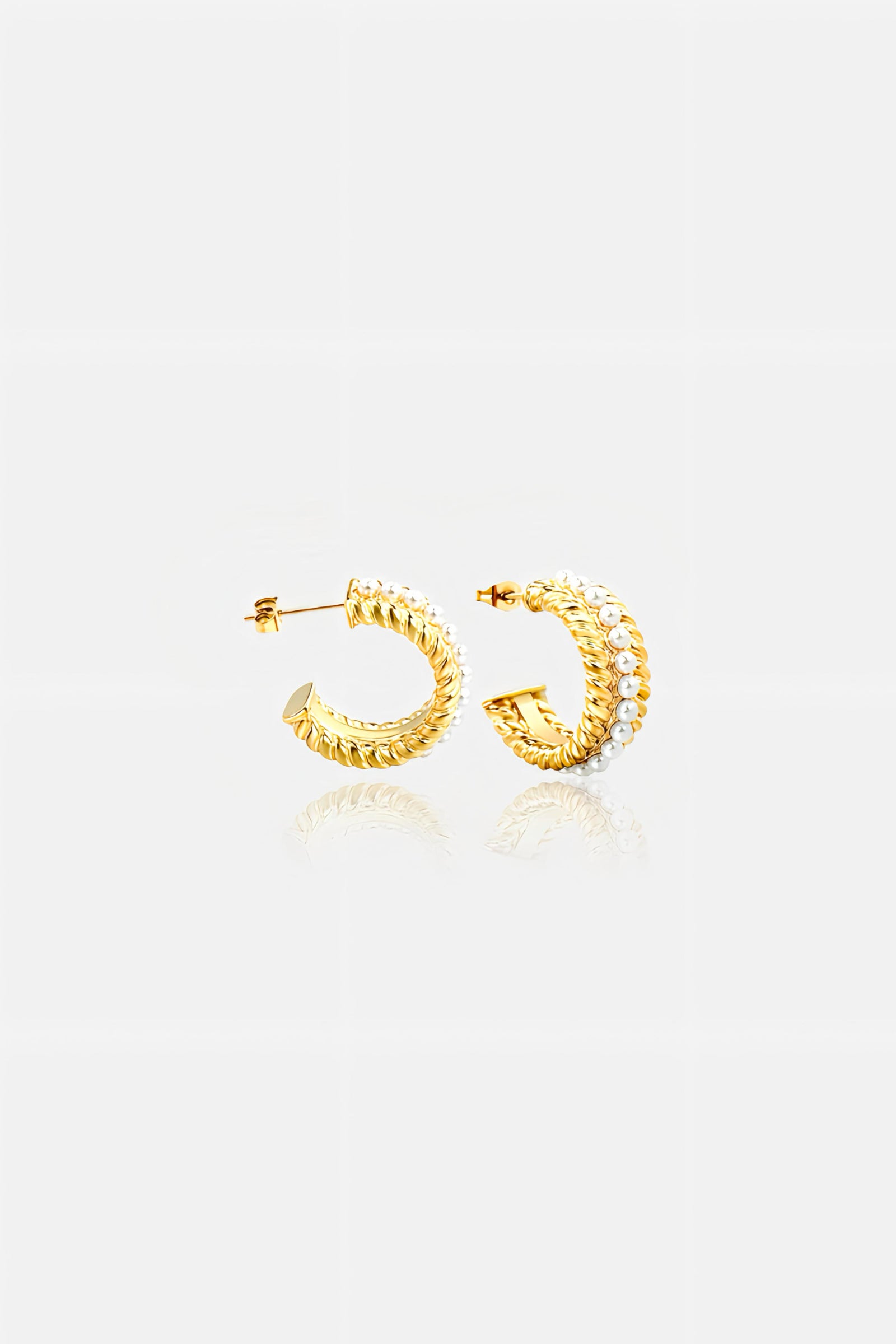 Pearl embellished textured C-hoop earrings in PVD 18K gold plated stainless steel – elegant statement jewellery by GLISTIA