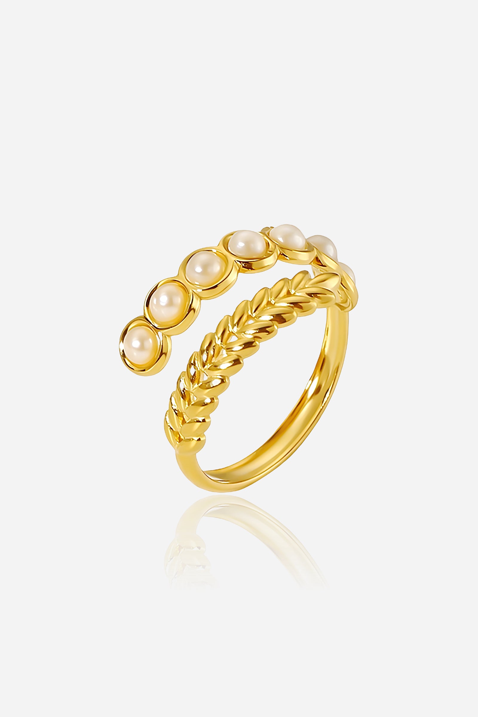 GLISTIA Pearl Leaf Open Band Ring front view in PVD 18K gold plated stainless steel with dual pearl and leaf design.