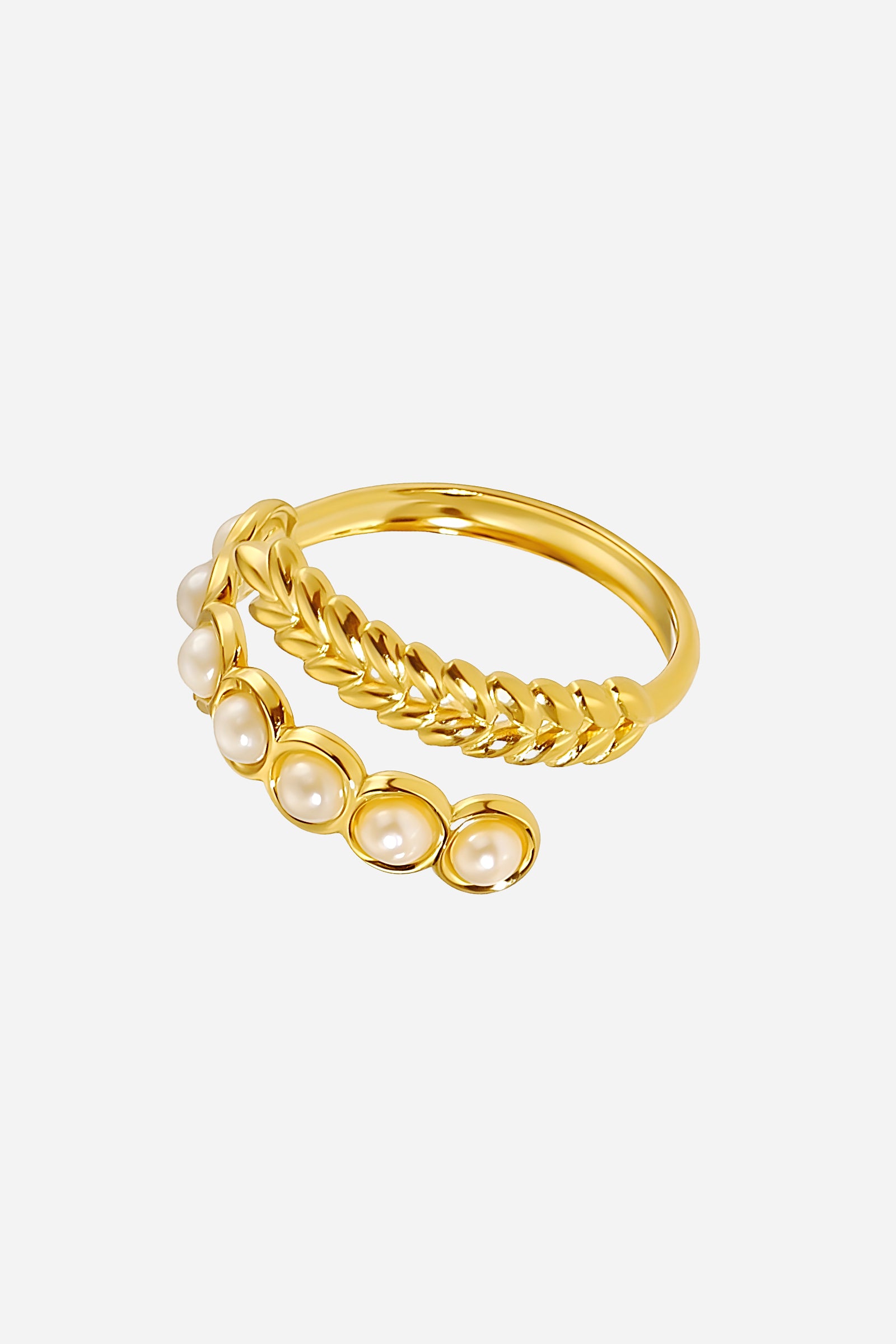 Side-angle image of GLISTIA Pearl Leaf Open Band Ring showcasing the dual-band open design and polished gold finish.