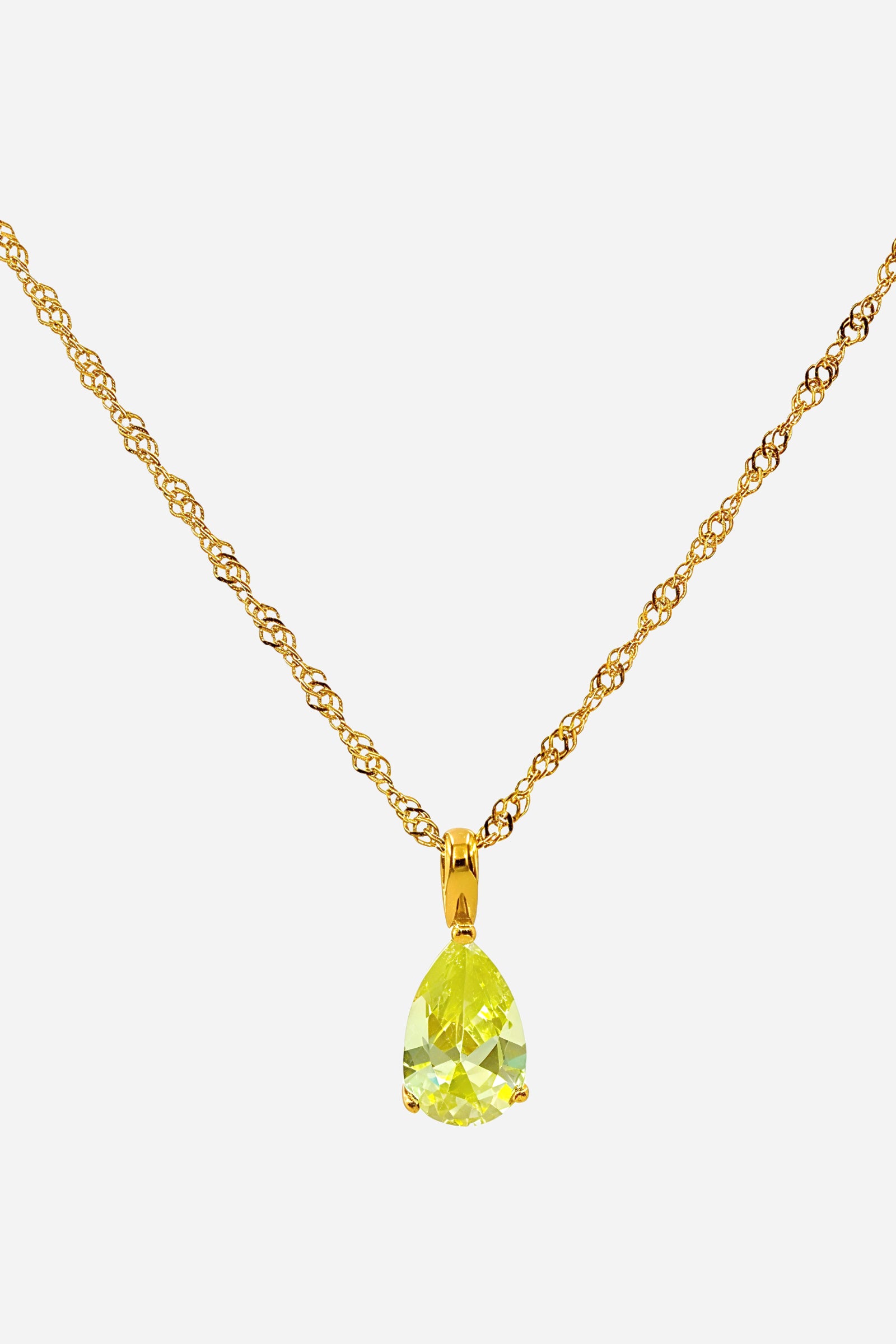 Peridot Birthstone Necklace for August featuring pear-cut peridot-coloured zircon on 18K gold plated chain by Glistia.