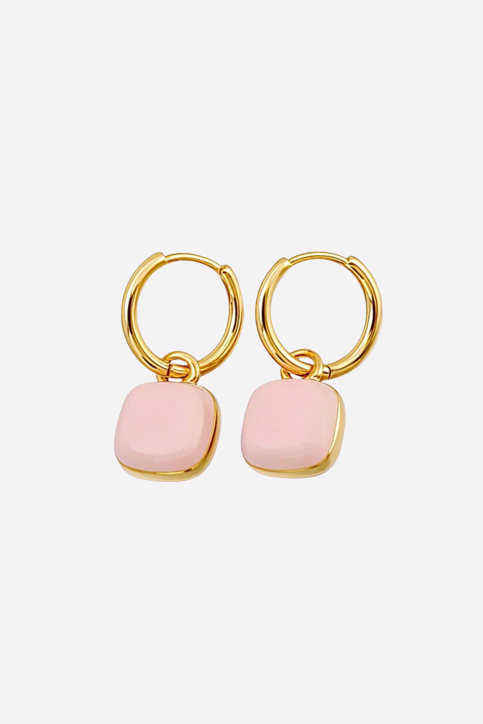 Pink charm drop hoop earrings crafted from stainless steel with a polished PVD 18K gold plated finish, featuring glossy blush pink square charms -GLISTIA.
