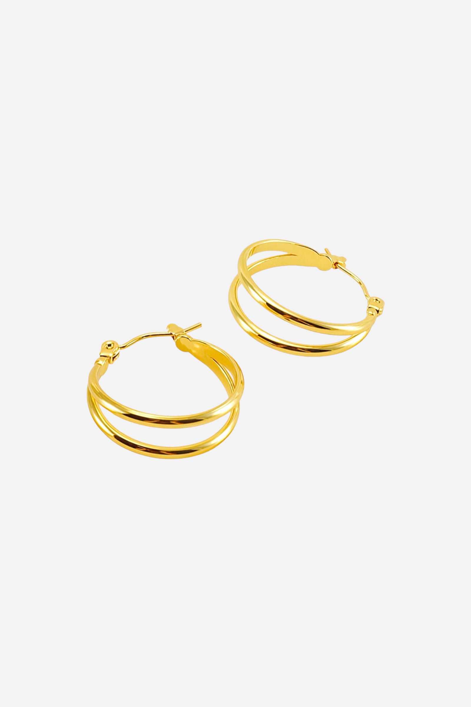 Top view polished double hoop earrings crafted in stainless steel with a PVD 18K gold plated finish, featuring dual smooth bands for a refined minimalist look – GLISTIA