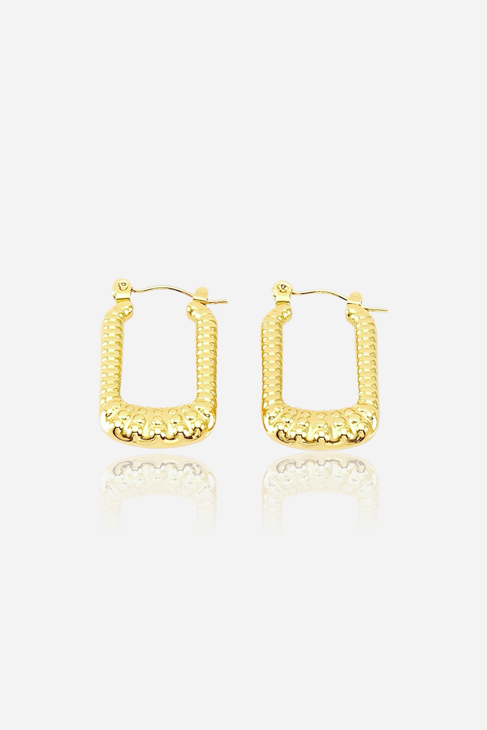 Rectangular textured hoop earrings crafted in stainless steel with a PVD 18K gold plated finish, bold square-frame design – GLISTIA