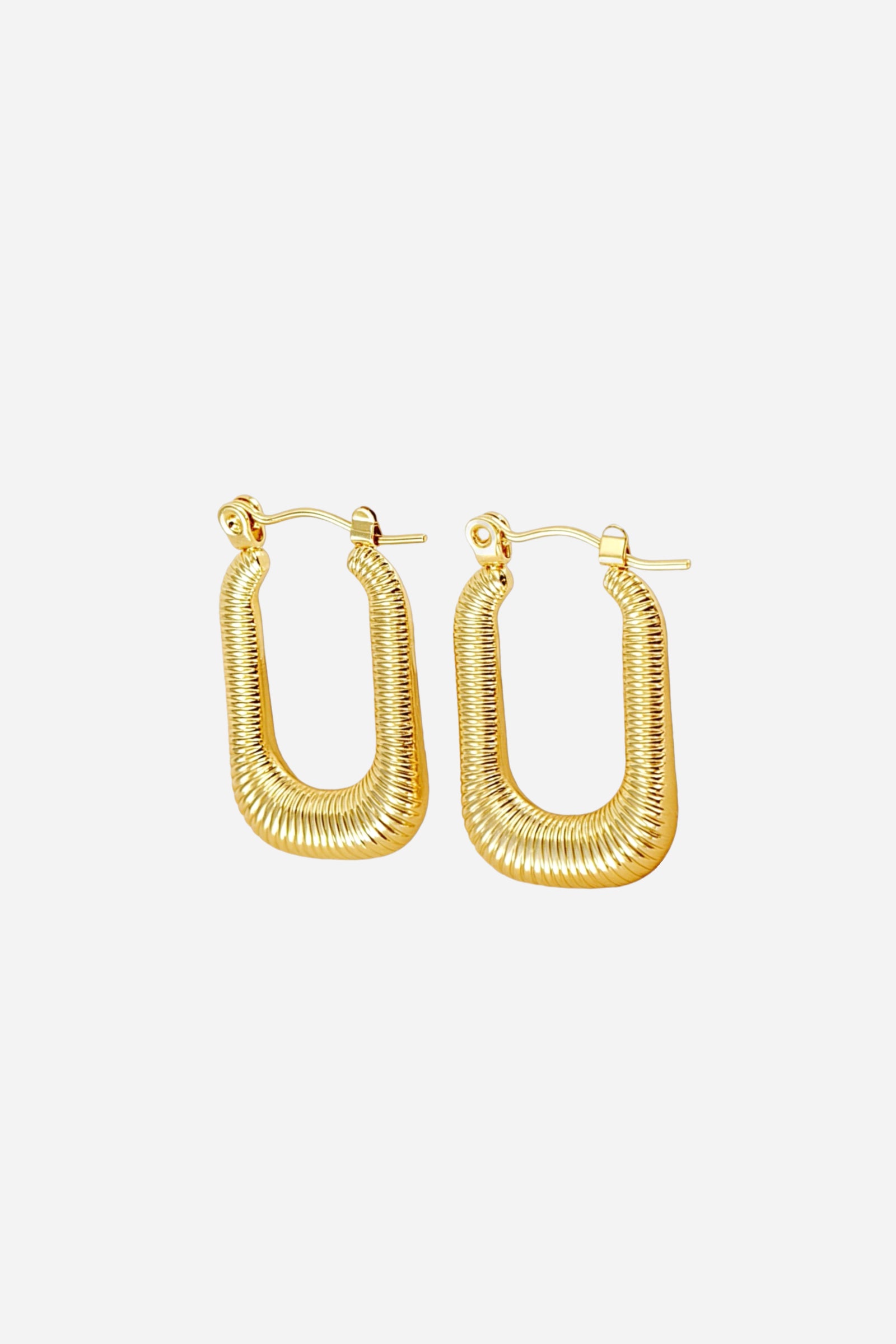 Ribbed rectangle hoop earrings crafted in stainless steel with an 18K gold plated finish, featuring a sleek ribbed texture and modern geometric design – GLISTIA.