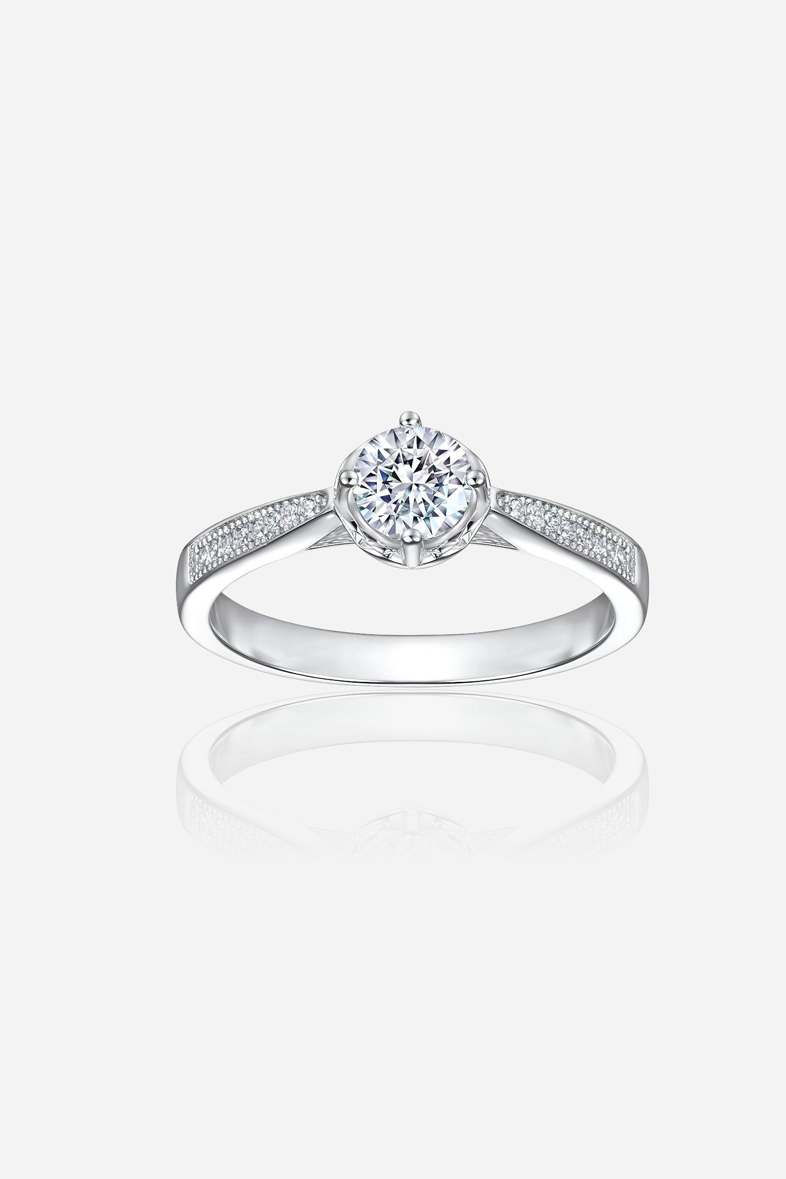 GLISTIA Round-Cut Solitaire Ring front view in 925 sterling silver with rhodium coating and classic round zircon centrepiece.