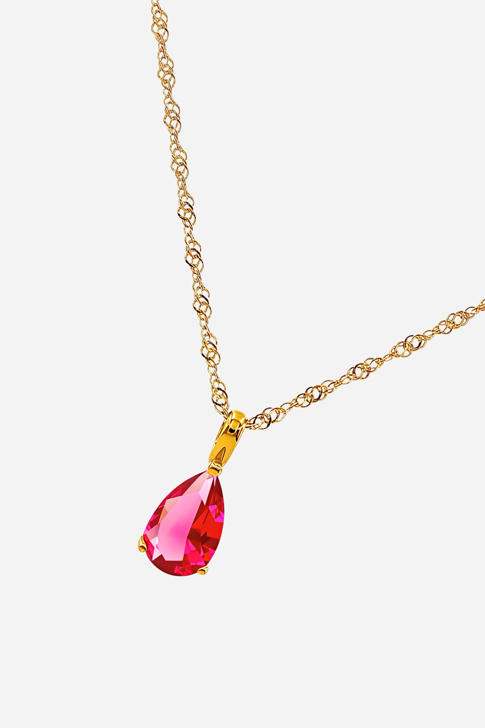 Side angle of Ruby Birthstone July Necklace showing pear-cut red zircon pendant – GLISTIA