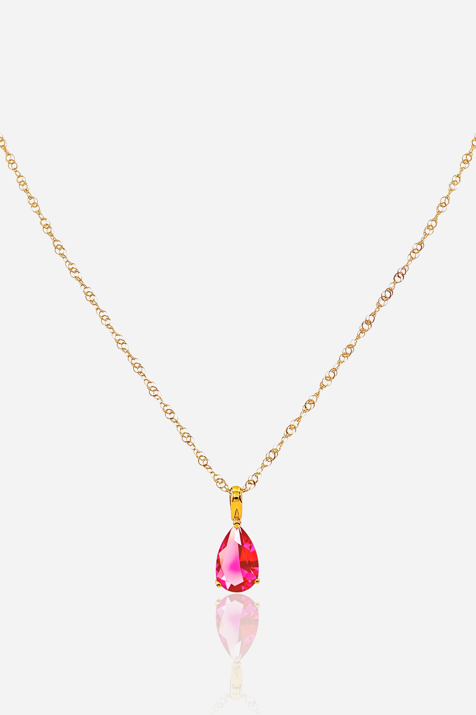 Zoom view of July Ruby Birthstone Necklace with pear-cut red zircon and 18K gold plated pendant – GLISTIA