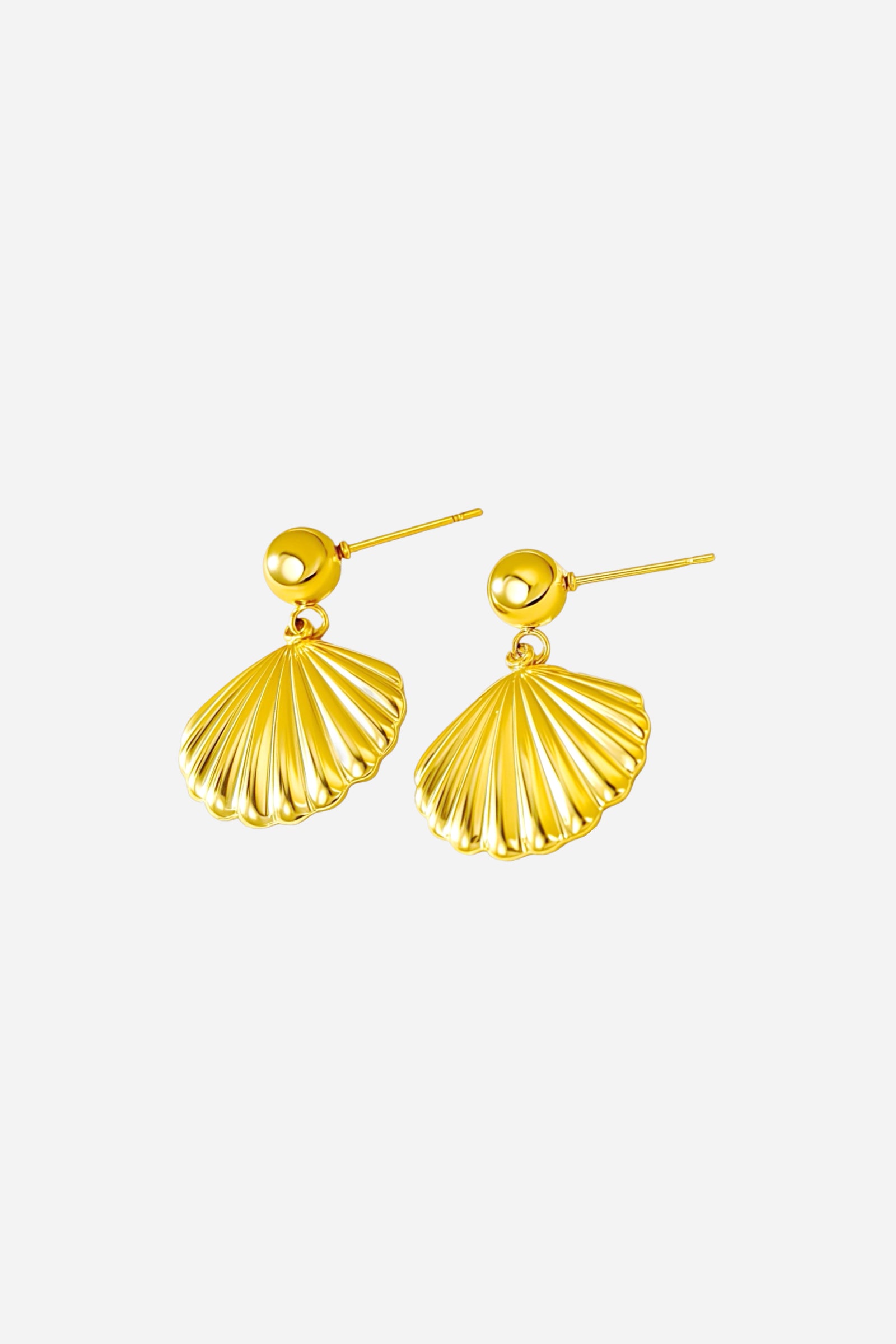 Seashell drop earrings crafted from stainless steel with a radiant PVD 18K gold plated finish, featuring sculpted shell-inspired drops with a polished surface - GLISTIA.